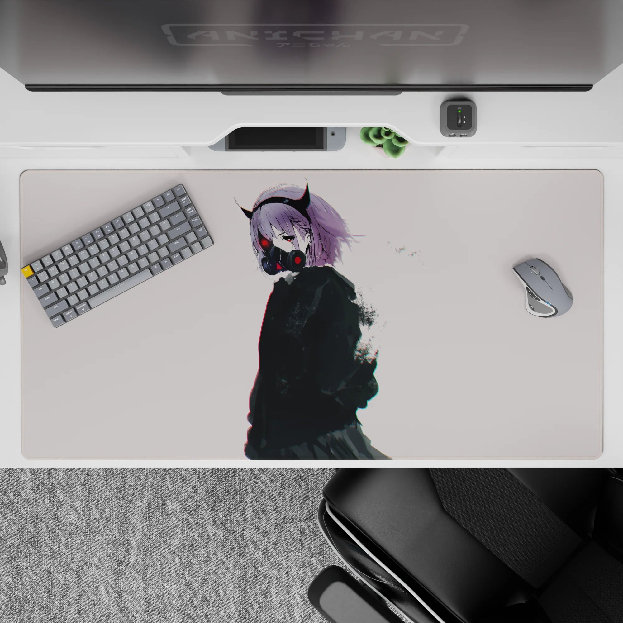 40x20 inches anime desk pad in off-white with inky black jacket texture and subtle red glow, moody vibe.