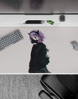 40x20 inches anime desk pad in off-white with inky black jacket texture and subtle red glow, moody vibe.