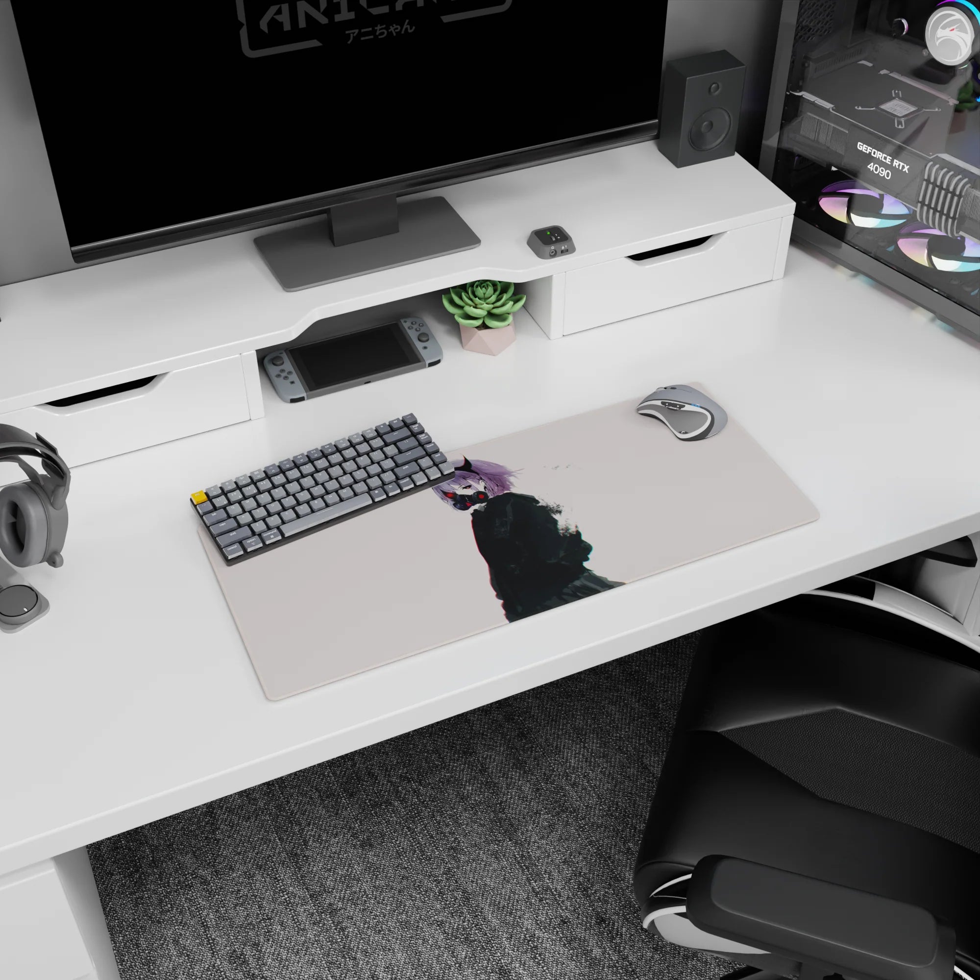28x12 inches extended mouse pad featuring horned anime girl with mask, cyber red accents, dust flecks.