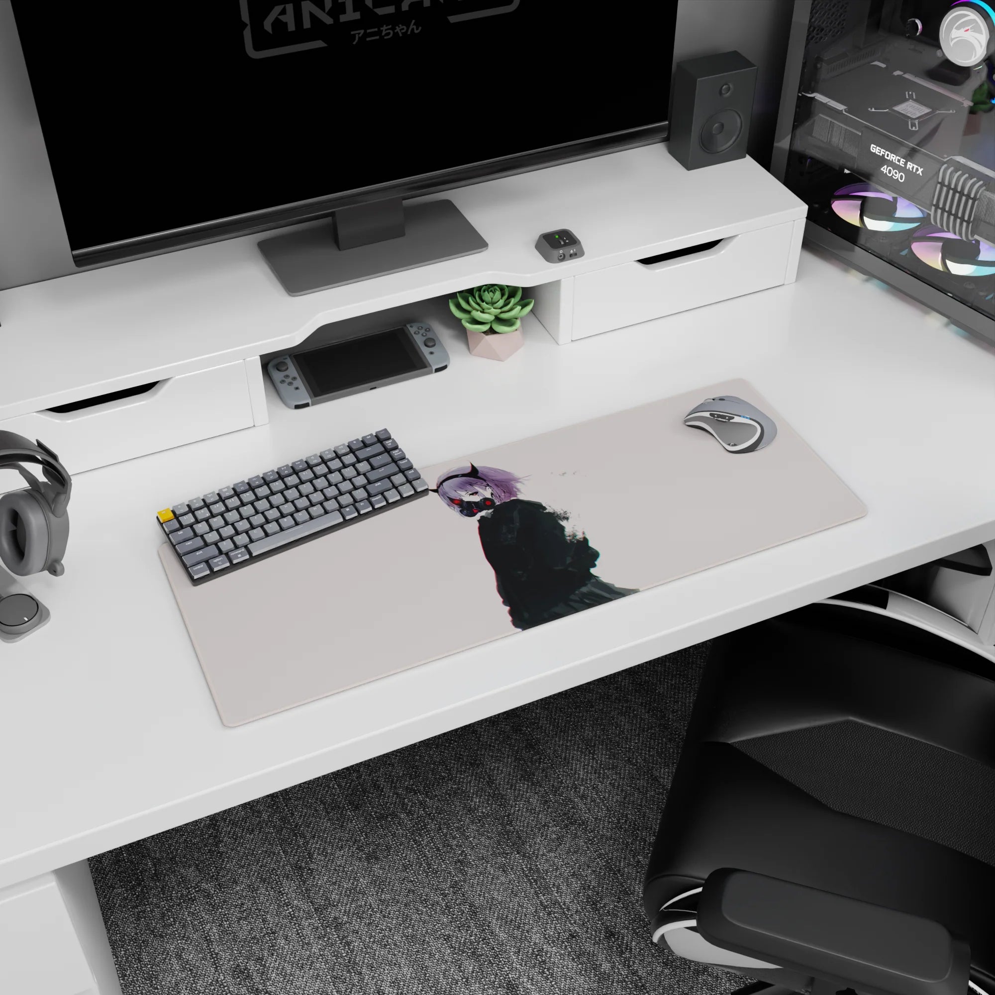 Demon-horned anime girl in a black respirator on a 32x12 inches desk pad with drifting dust flecks.
