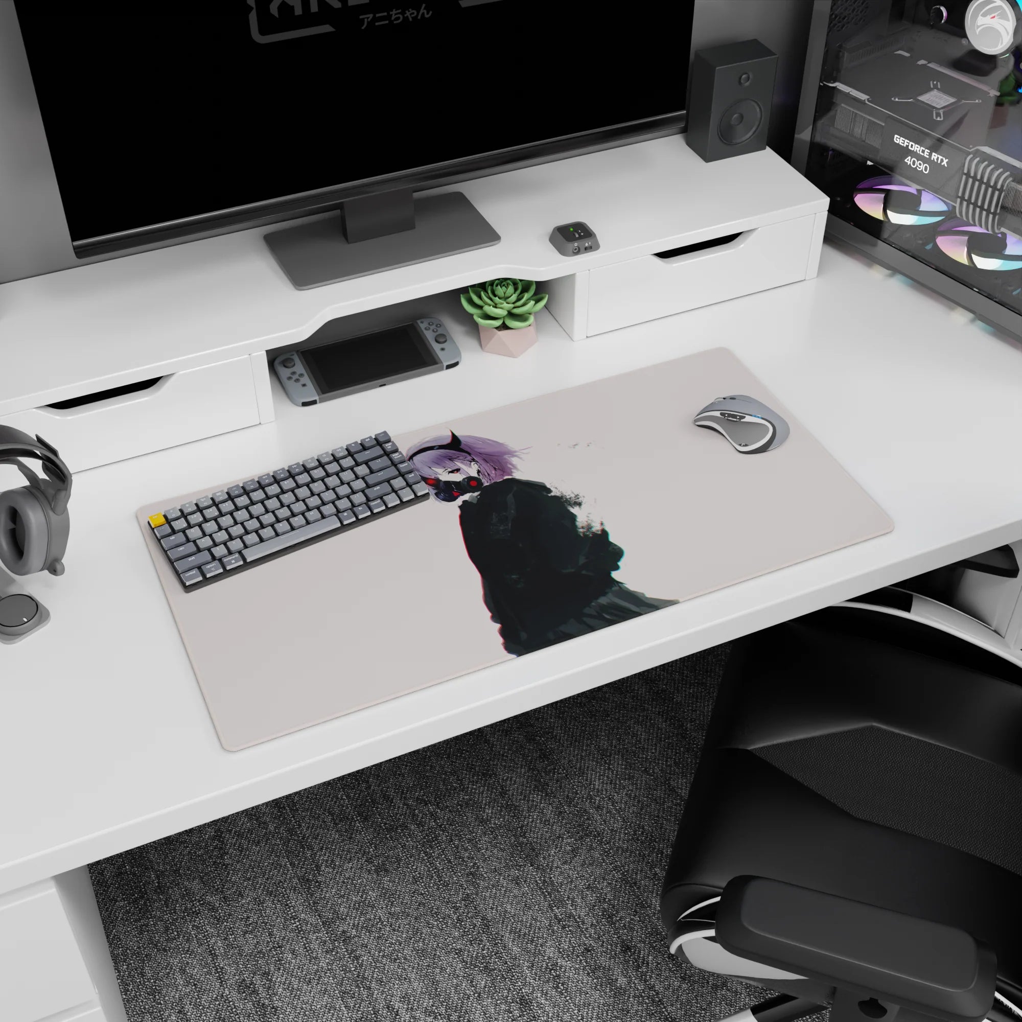 32x16 inches mouse pad showing a horned anime girl in a black respirator and jacket, dust flecks floating.