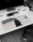 32x16 inches mouse pad showing a horned anime girl in a black respirator and jacket, dust flecks floating.