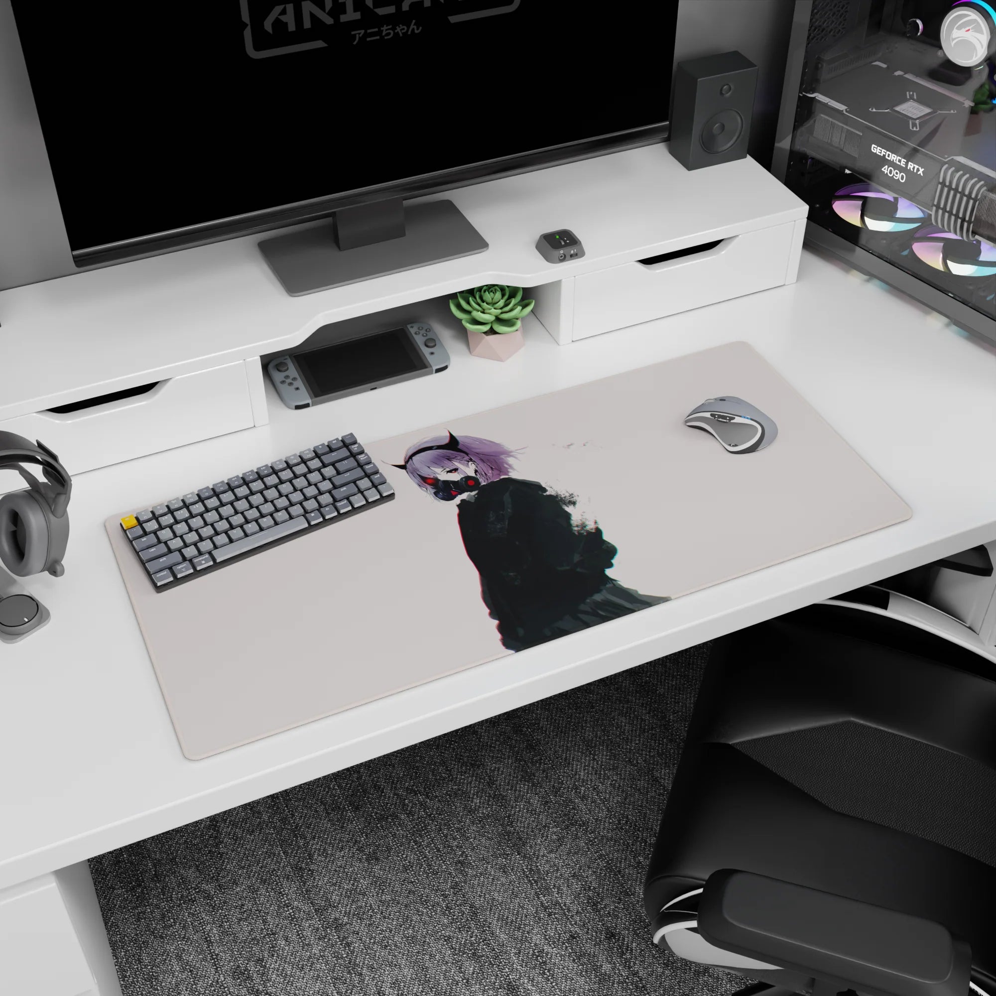 Demon-horned anime girl in black mask and inky jacket with drifting dust flecks desk pad 36x16 inches.
