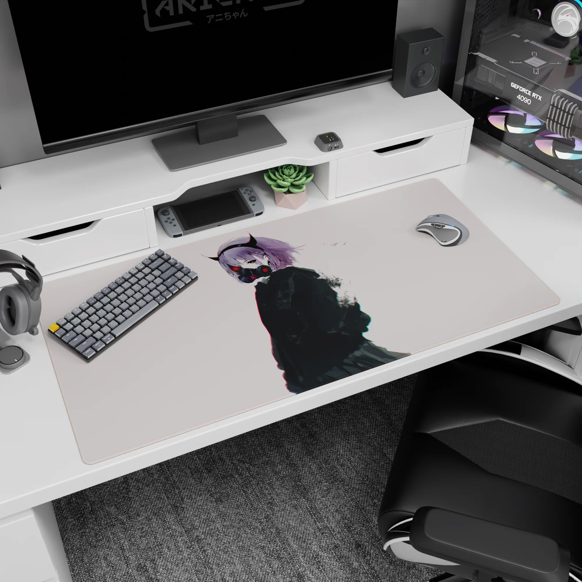 40x20 inches anime desk pad featuring a demon-horned girl with lilac hair, black mask, and drifting dust.