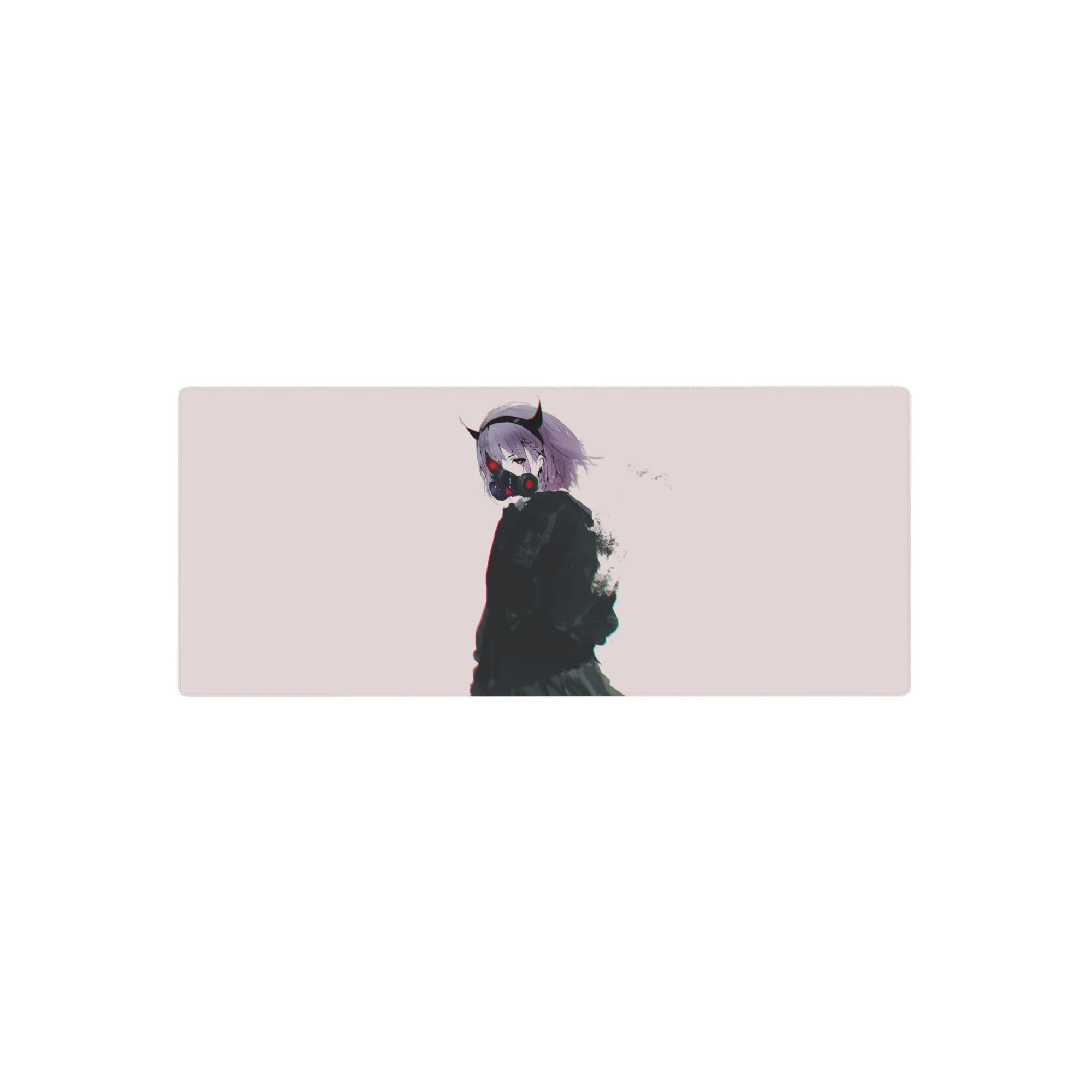 28x12 inches anime girl mouse pad with demon-horned lilac-haired girl in respirator on off-white.