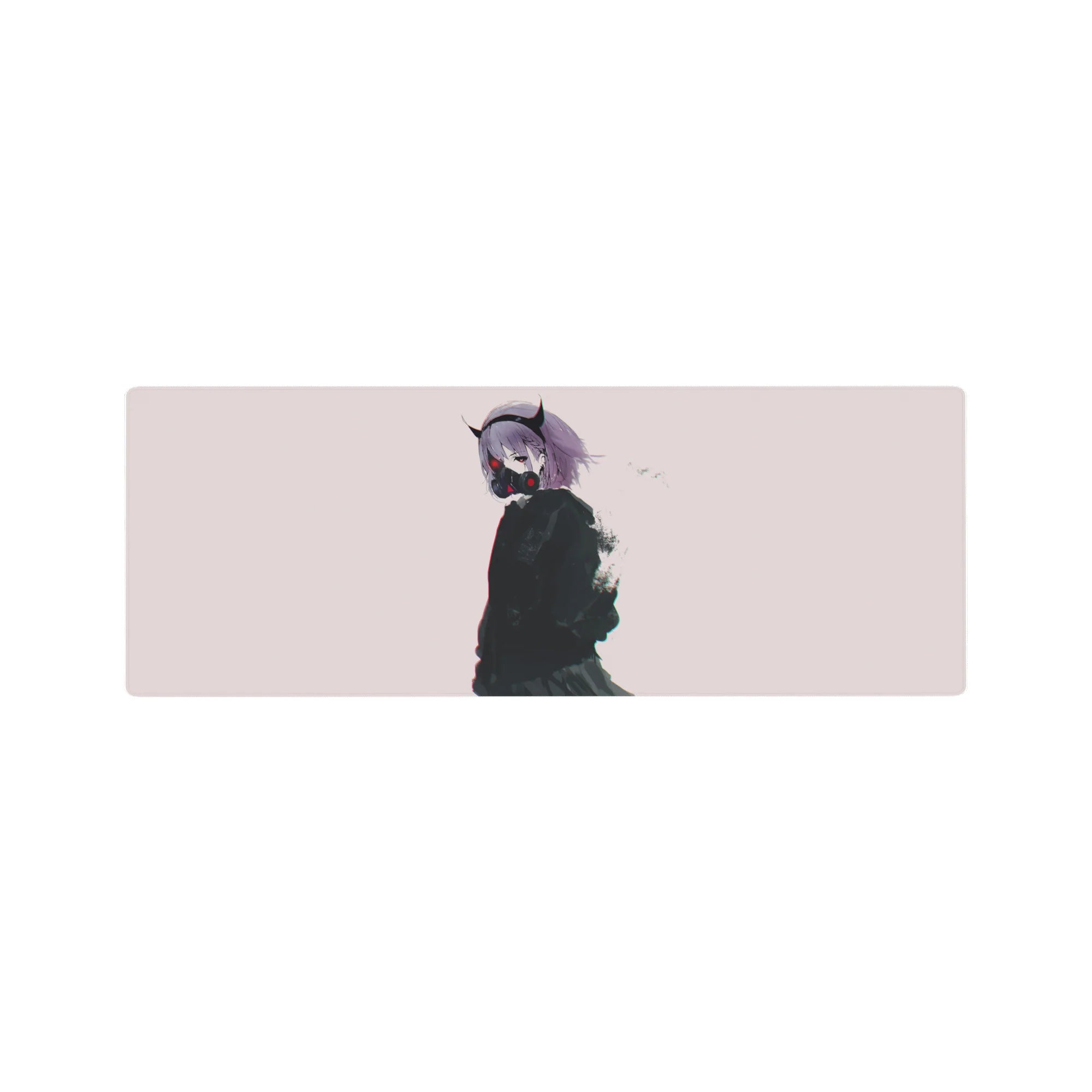 Anime girl mouse pad 32x12 inches with demon horns, lilac hair, respirator mask, and inky jacket art.