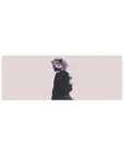 Anime girl mouse pad 32x12 inches with demon horns, lilac hair, respirator mask, and inky jacket art.