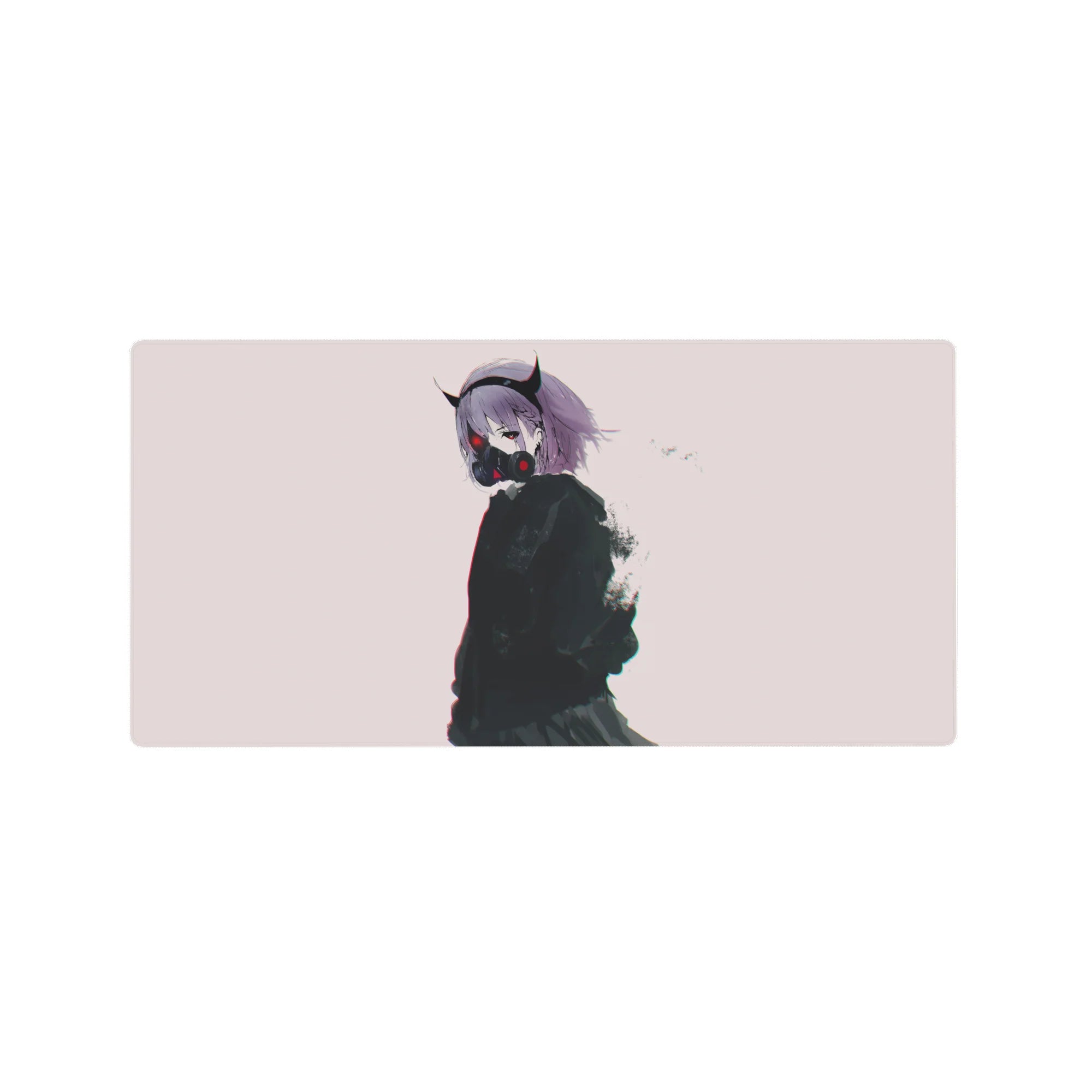 Anime girl mouse pad 32x16 inches with demon-horned lilac-haired girl, respirator mask, cyber details.