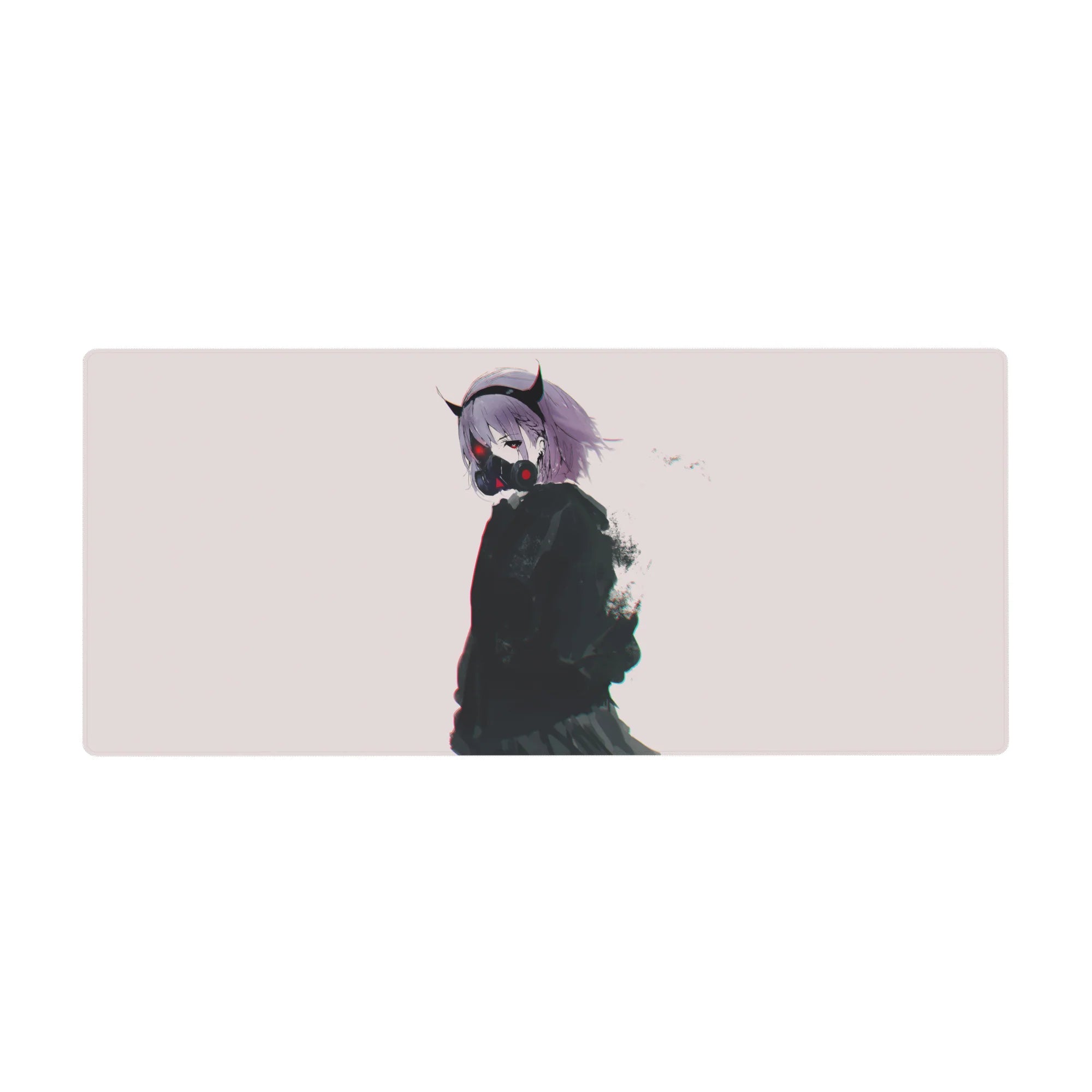 Anime girl desk pad 36x16 inches with demon-horned lilac-haired girl in respirator on off-white.