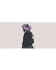 Anime girl desk pad 36x16 inches with demon-horned lilac-haired girl in respirator on off-white.