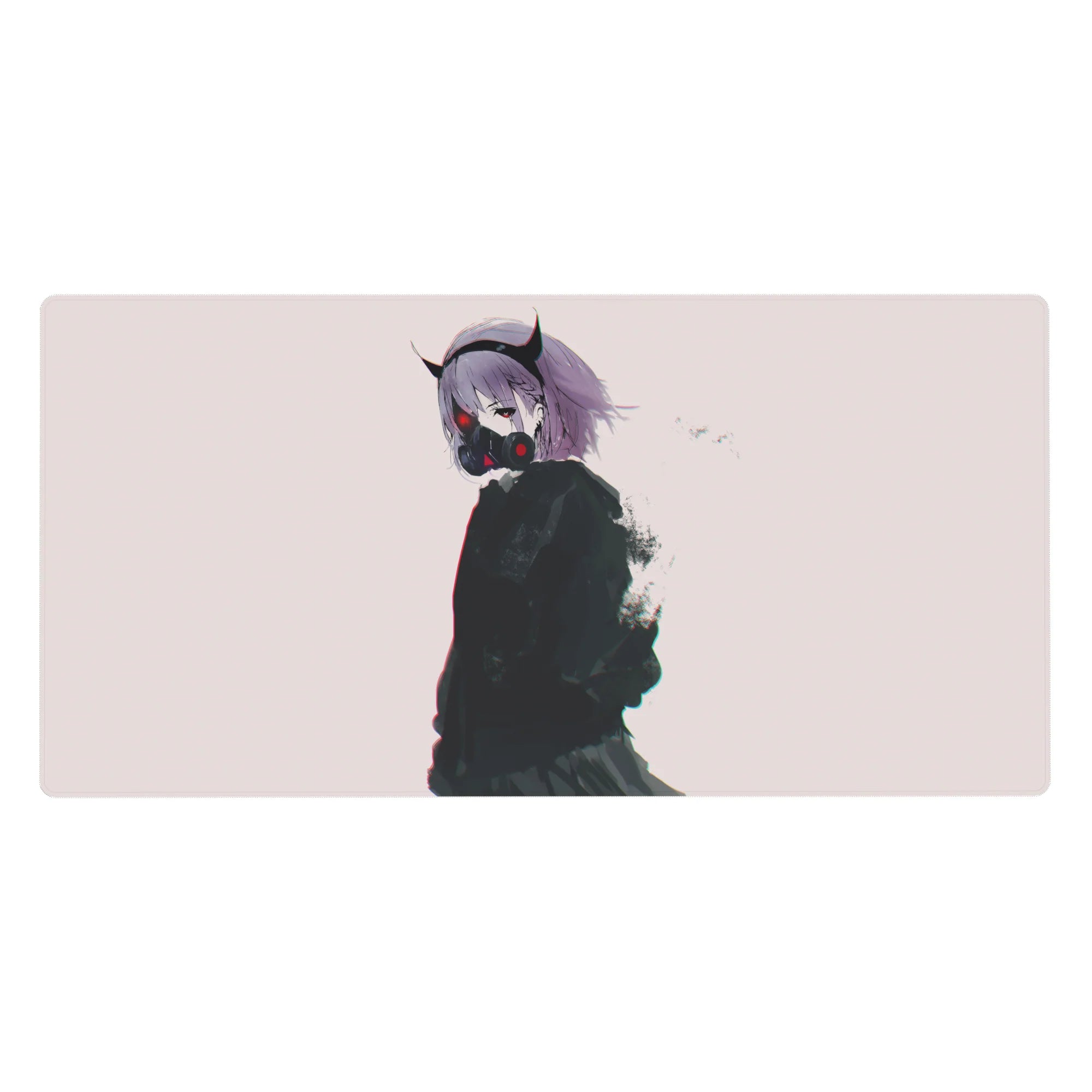 Anime girl desk pad 40x20 inches with demon horns, lilac hair, respirator mask, cyber glow details.