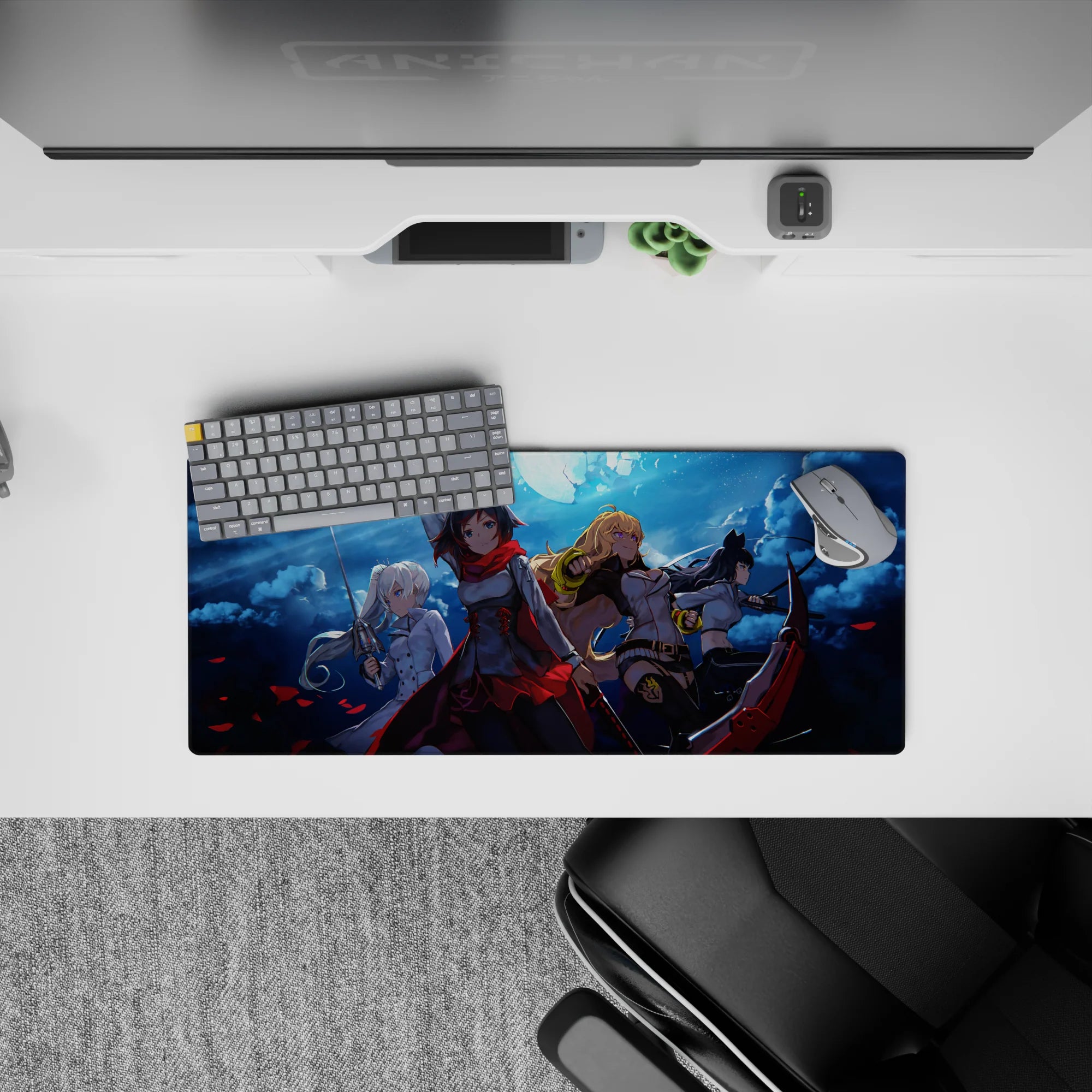 Night-battle anime girl mouse pad 28x12 inches with deep blues, storm clouds, red petals, and metal shine.