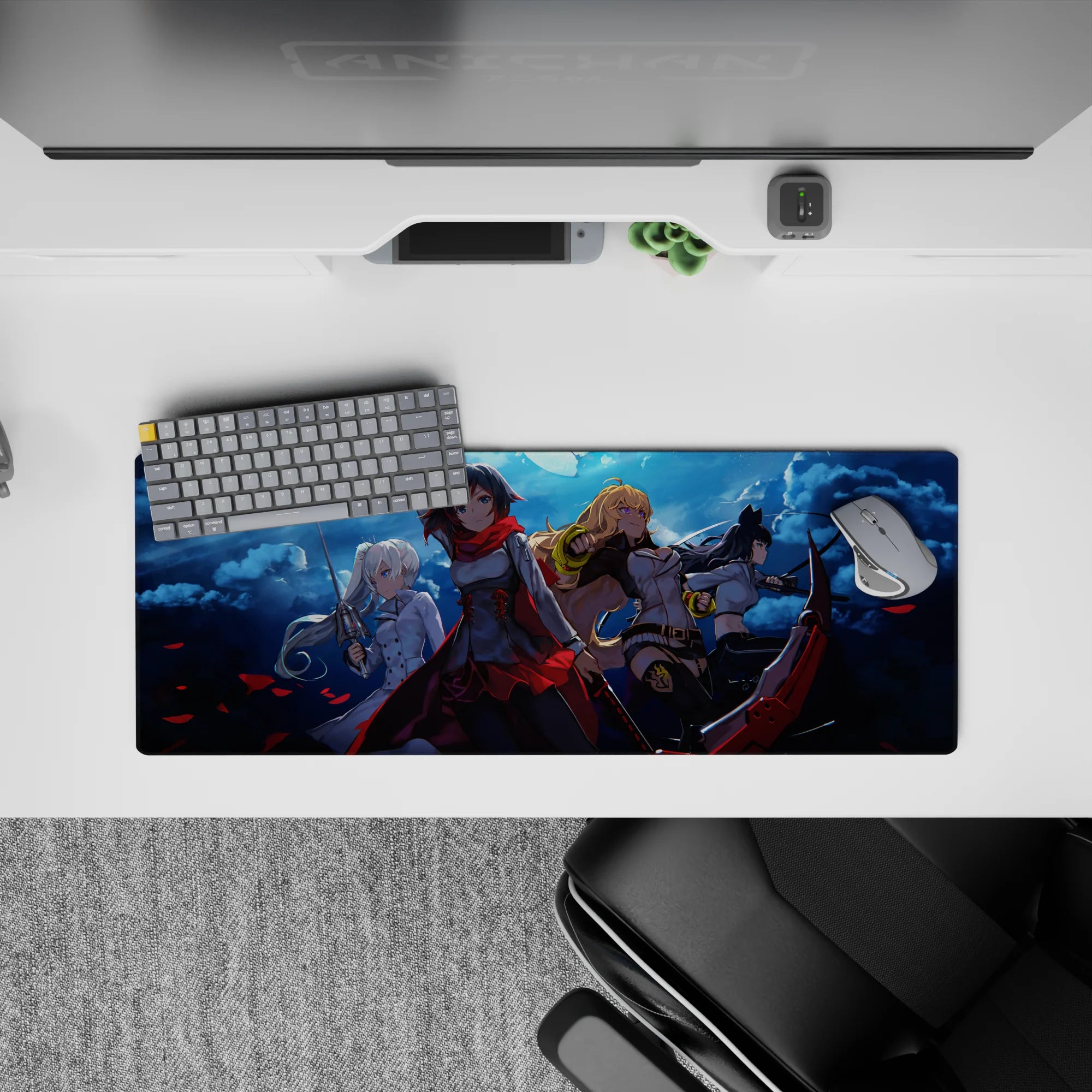 Stormy blue night anime girl mouse pad 32x12 inches with red petals, metal shine, and dramatic clouds.