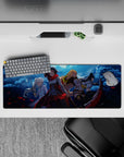 Stormy blue night anime girl mouse pad 32x12 inches with red petals, metal shine, and dramatic clouds.