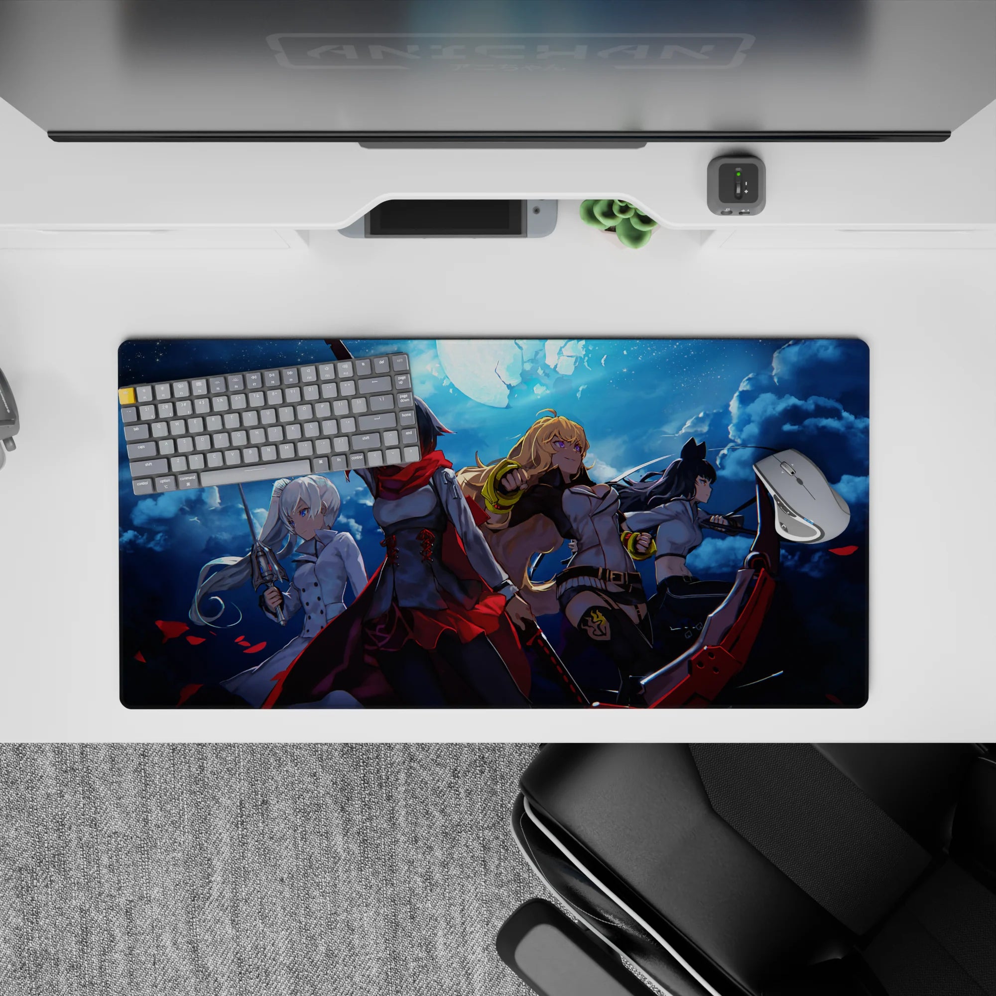 Stormy blue night anime girl mouse pad 32x16 inches with red petals and metallic highlights.