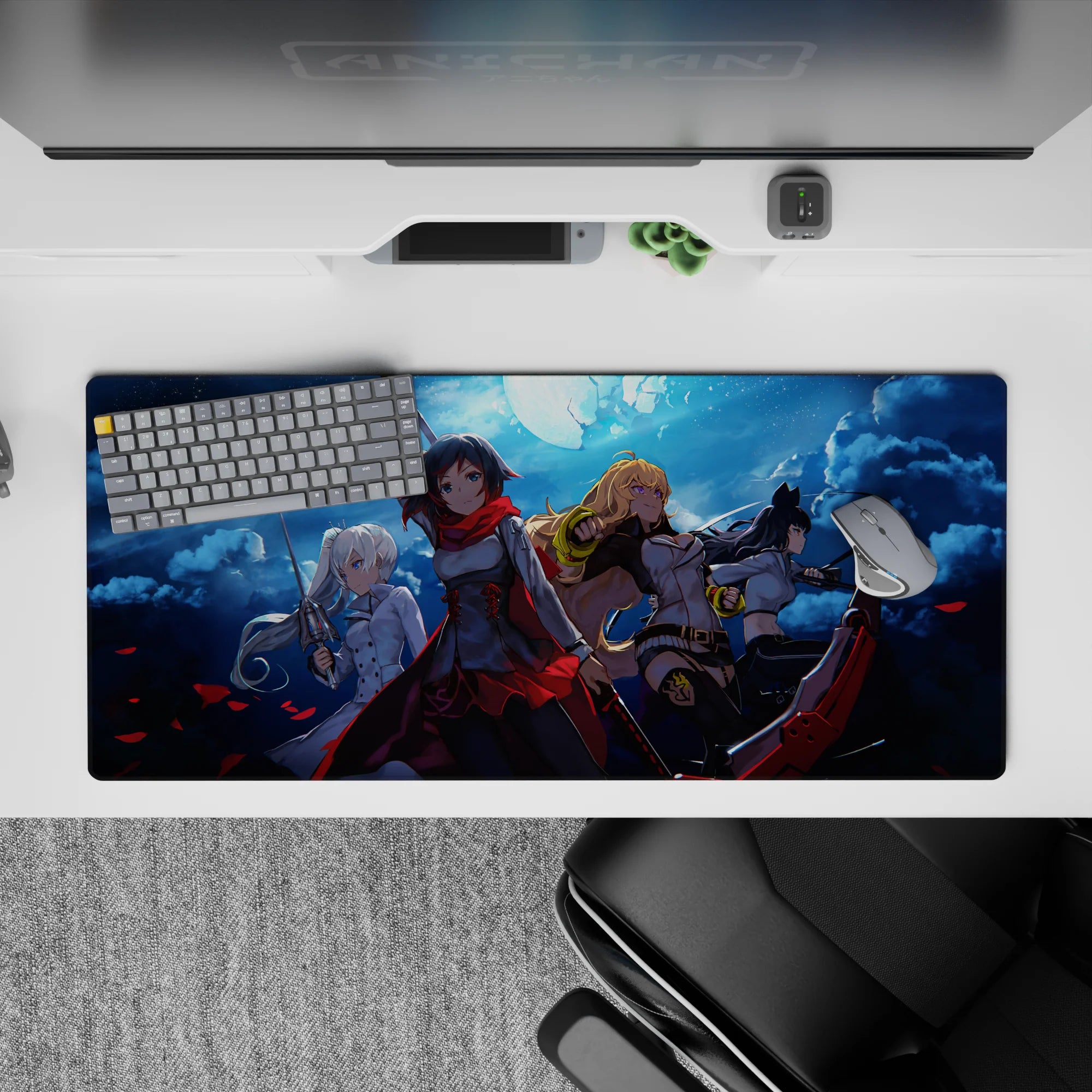 Stormy blue night anime desk pad 36x16 inches with red petals, metal shine, and moody clouds.