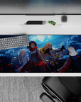 Stormy blue night anime desk pad 36x16 inches with red petals, metal shine, and moody clouds.