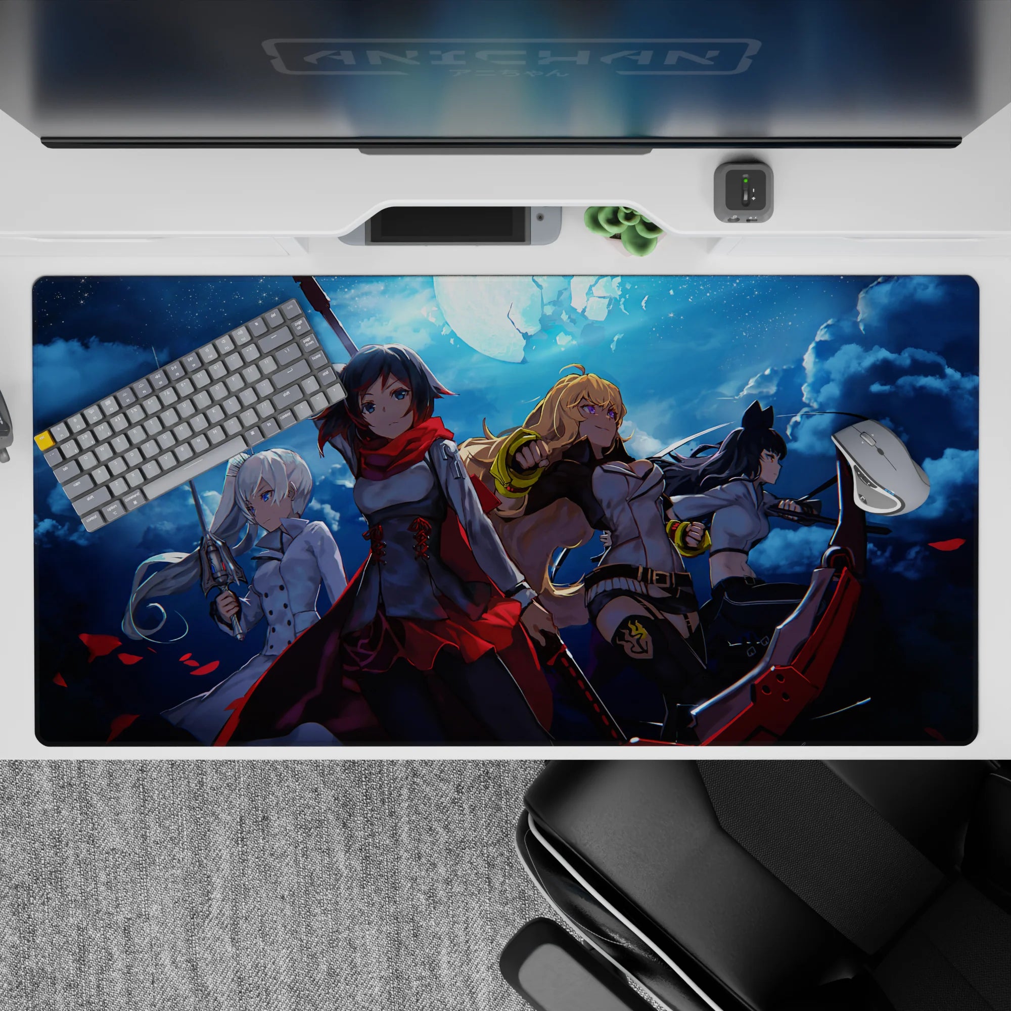 Stormy blue night anime desk pad 40x20 inches with red petals, steel shine, and battle-ready vibes.