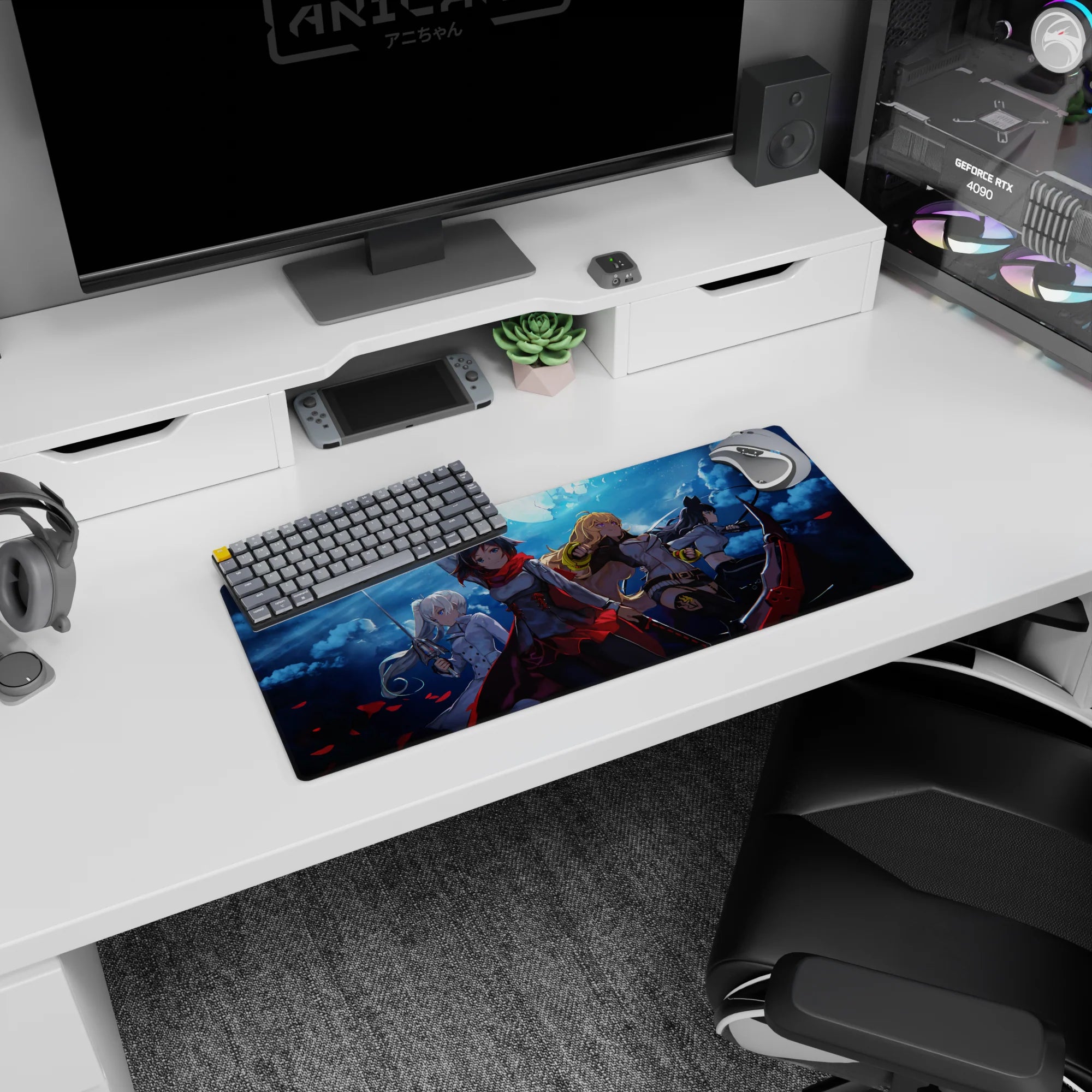 Ruby Rose and RWBY team anime desk mat 28x12 inches, standing fearless against swirling stormy skies.