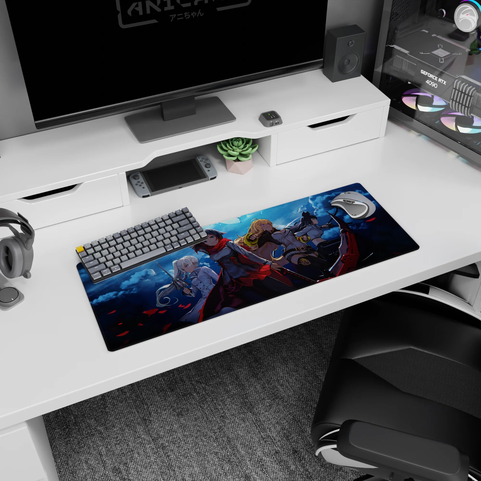 Ruby Rose and team on a moonlit battlefield anime girl mouse pad 32x12 inches with swirling clouds.