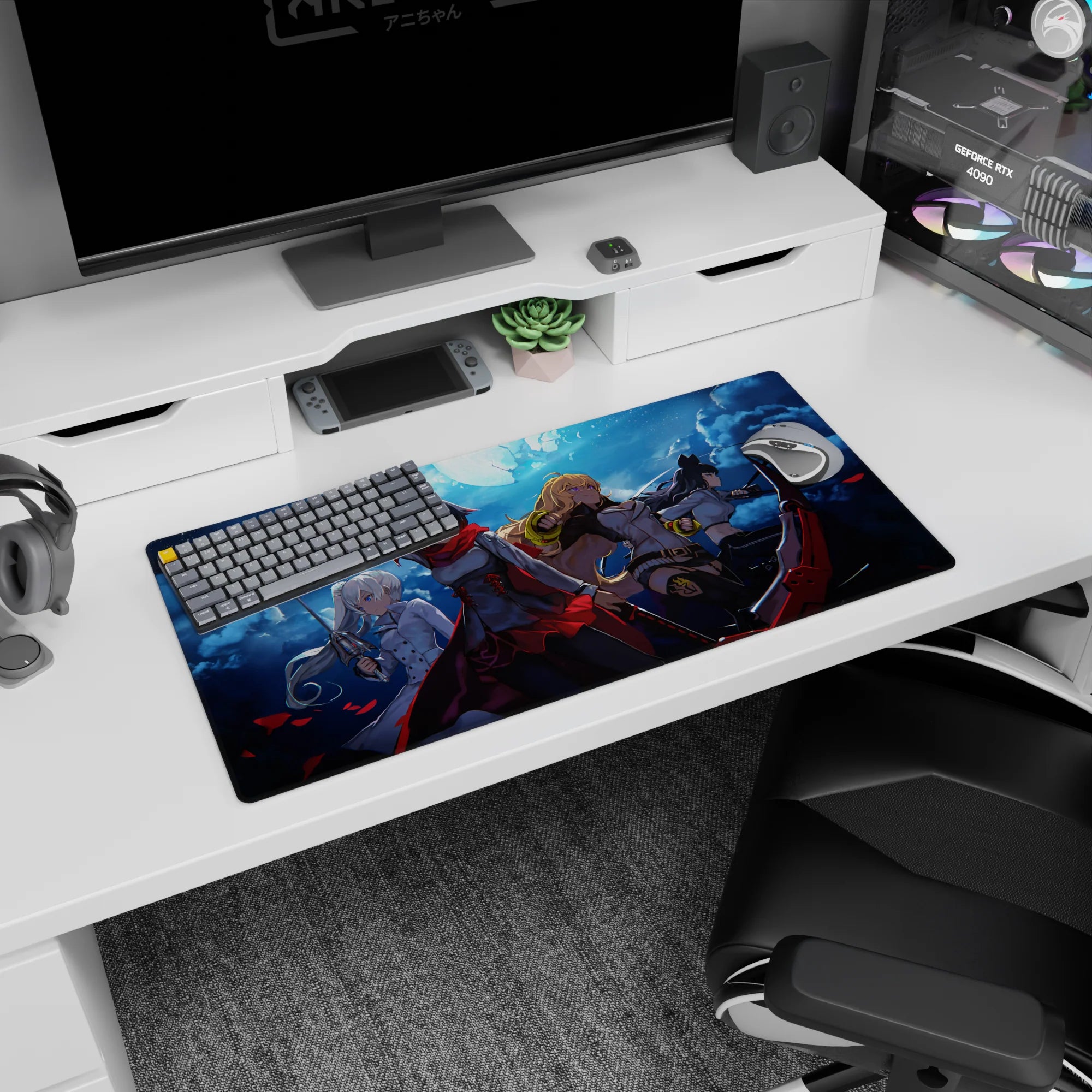 Ruby Rose and team in moonlit battle scene anime girl mouse pad 32x16 inches with swirling clouds.