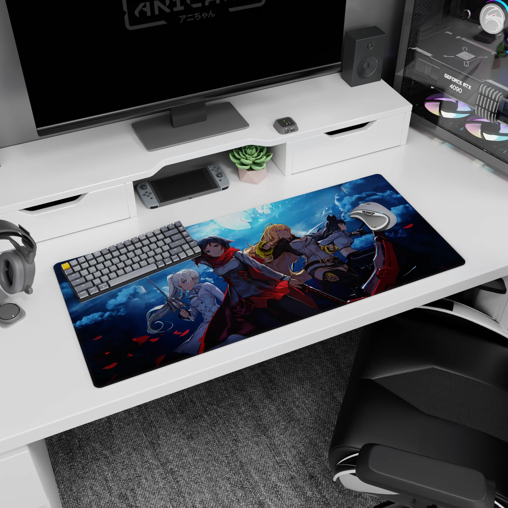 Ruby Rose and RWBY team battle-ready on an anime desk pad 36x16 inches with swirling night sky.