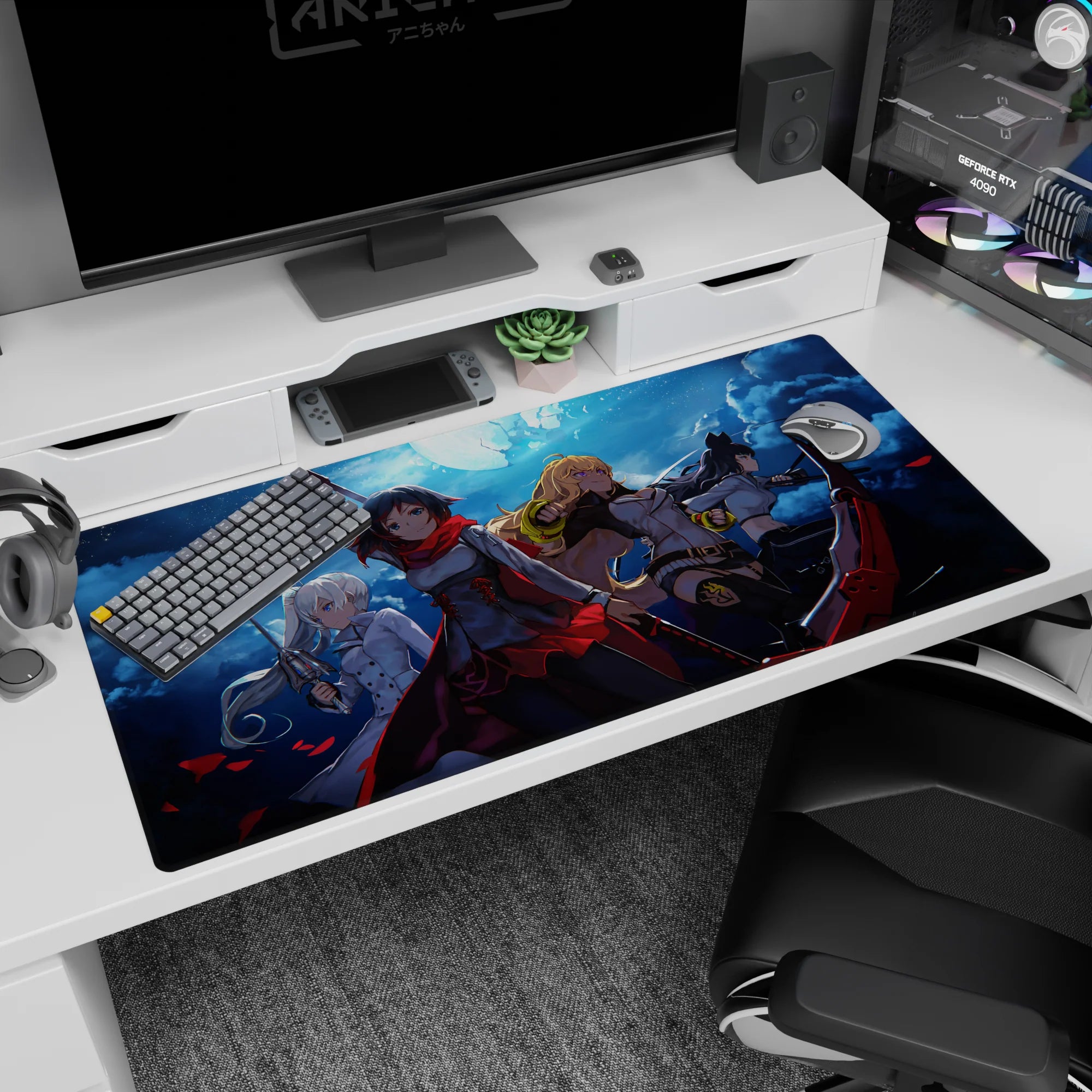 Ruby Rose leads RWBY team on anime desk pad 40x20 inches, set against swirling clouds and petals.