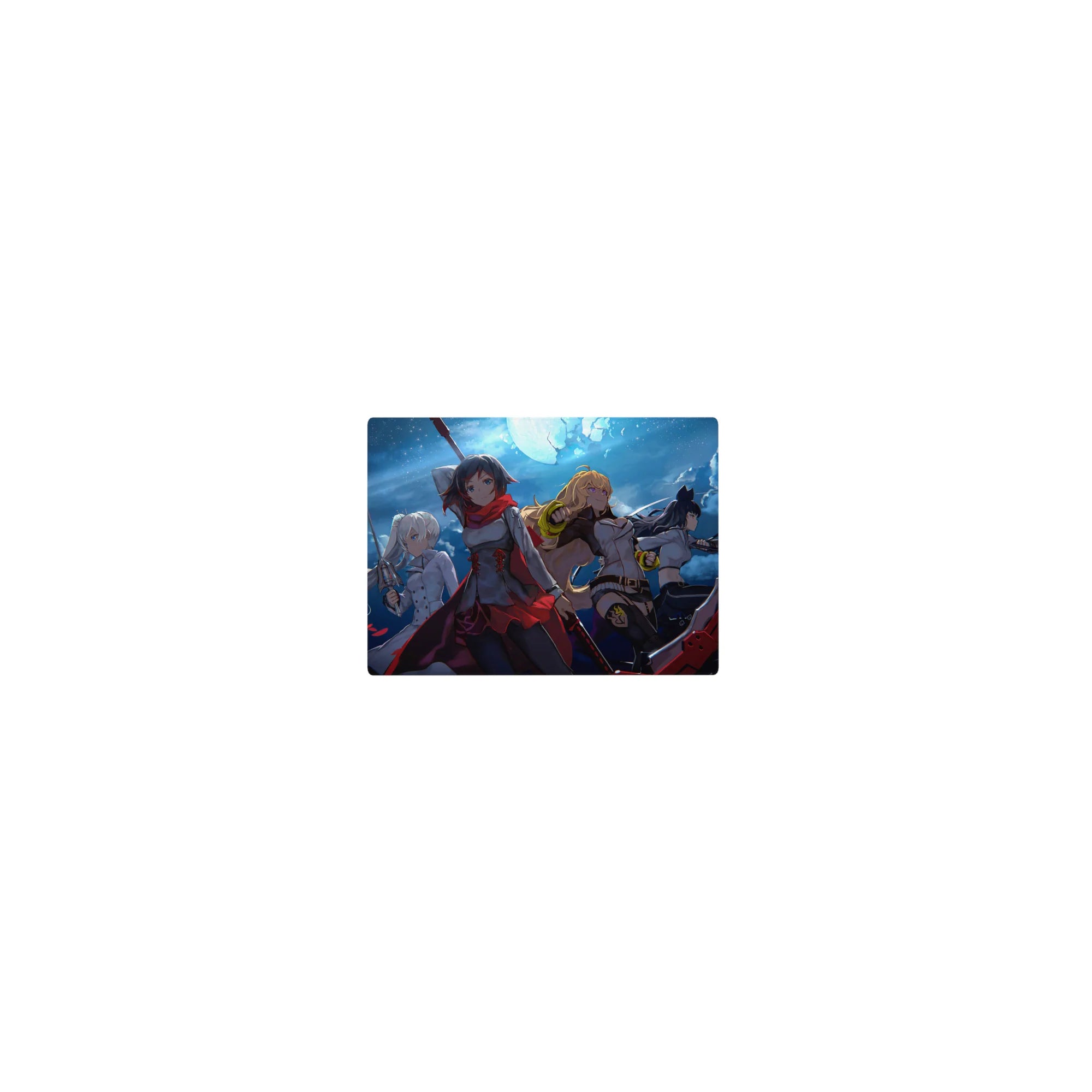 Classic anime girl mouse pad 14x10 inches featuring RWBY team art with petals, armor shine, and bold poses.