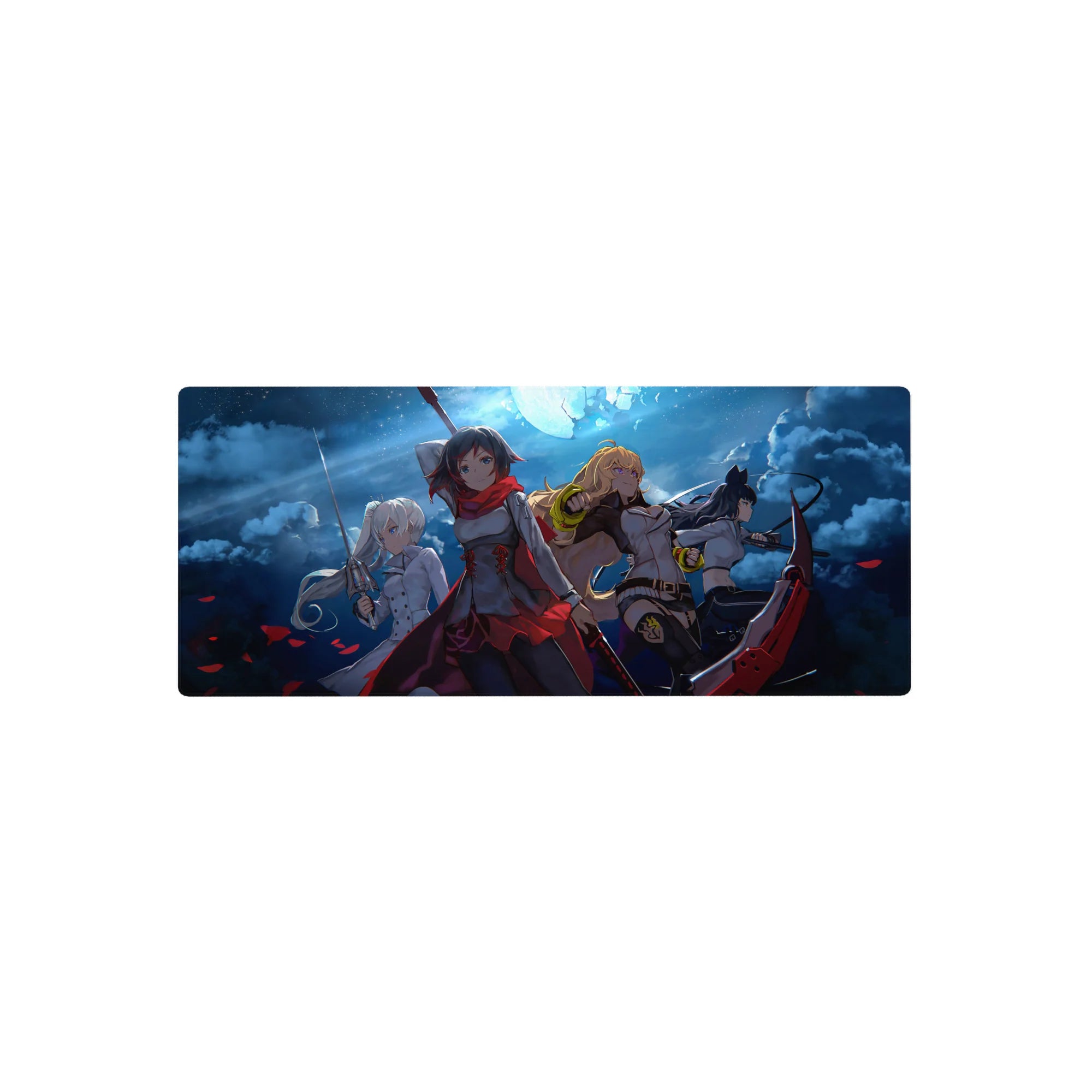 RWBY anime girl mouse pad 28x12 inches featuring Ruby, Weiss, Yang, and Blake in a bold team pose.
