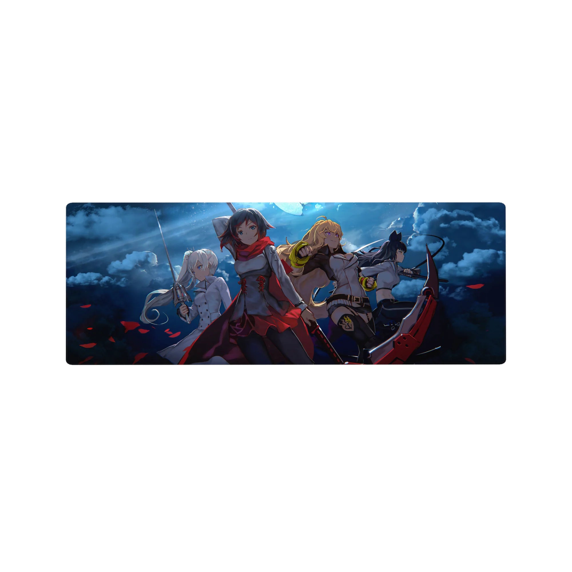 RWBY anime girl mouse pad 32x12 inches featuring Ruby, Weiss, Yang, and Blake in battle-ready pose.