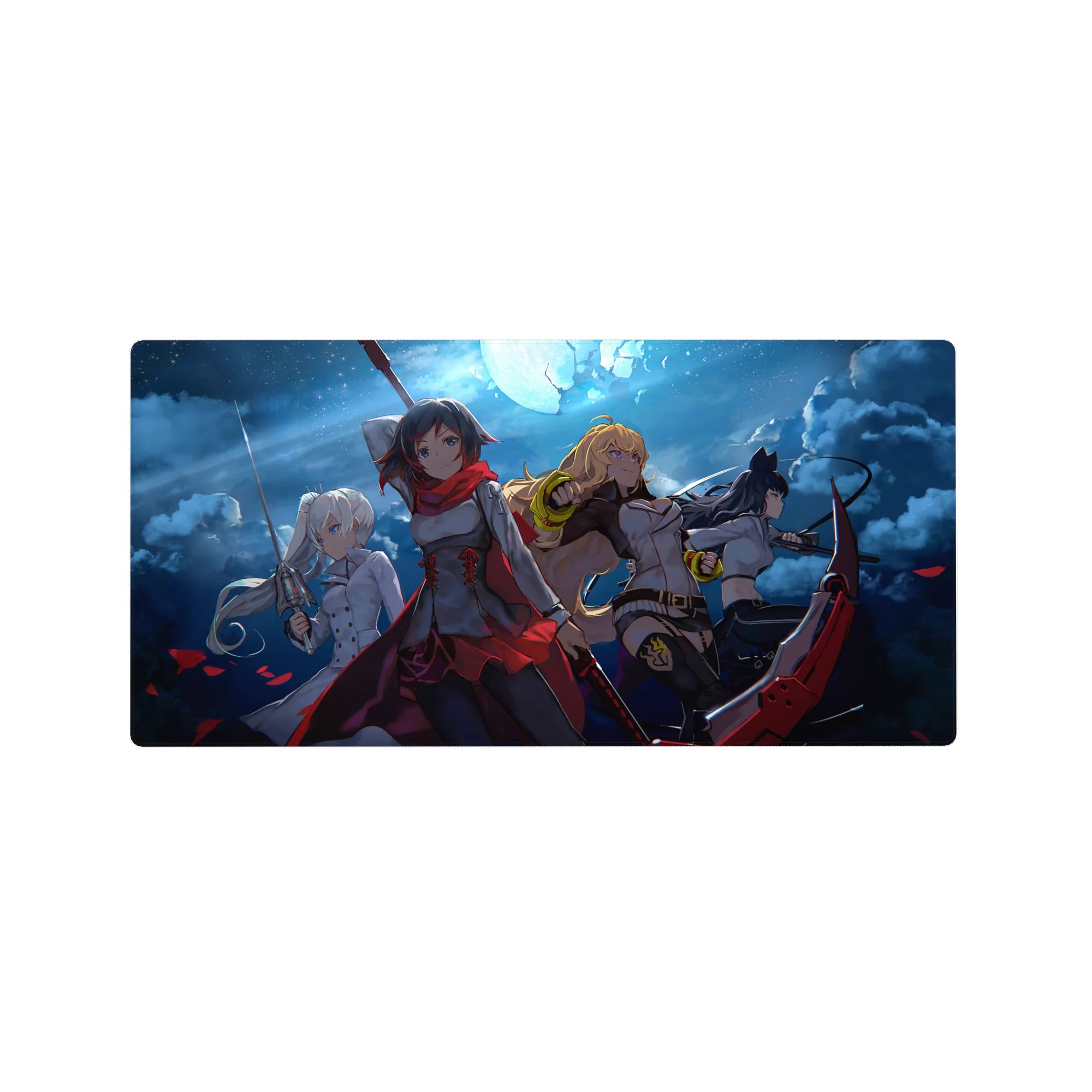 RWBY anime girl mouse pad 32x16 inches with Ruby, Weiss, Yang, and Blake in a dramatic team pose.