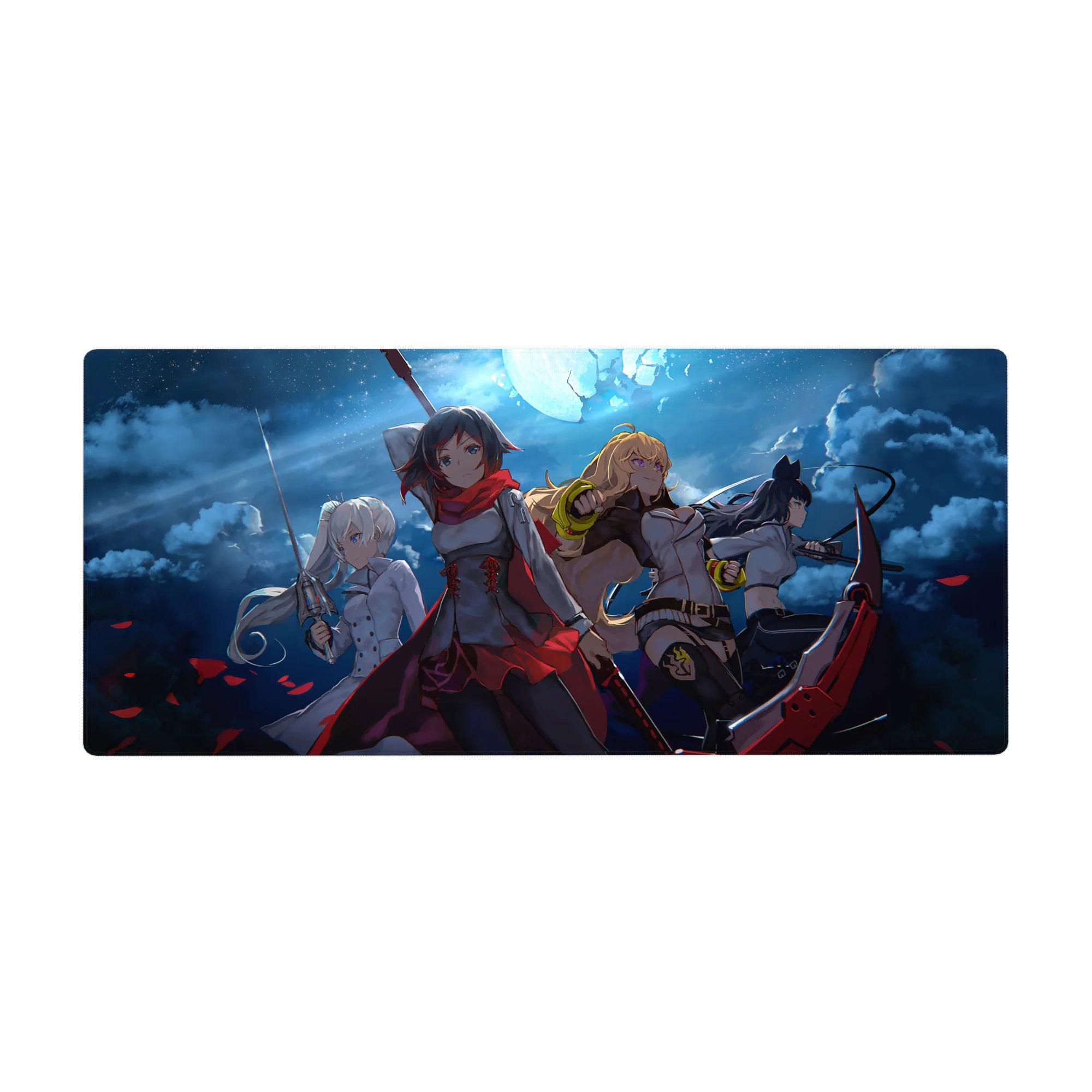 RWBY anime girl desk pad 36x16 inches with Ruby, Weiss, Blake and Yang in a dramatic team pose.