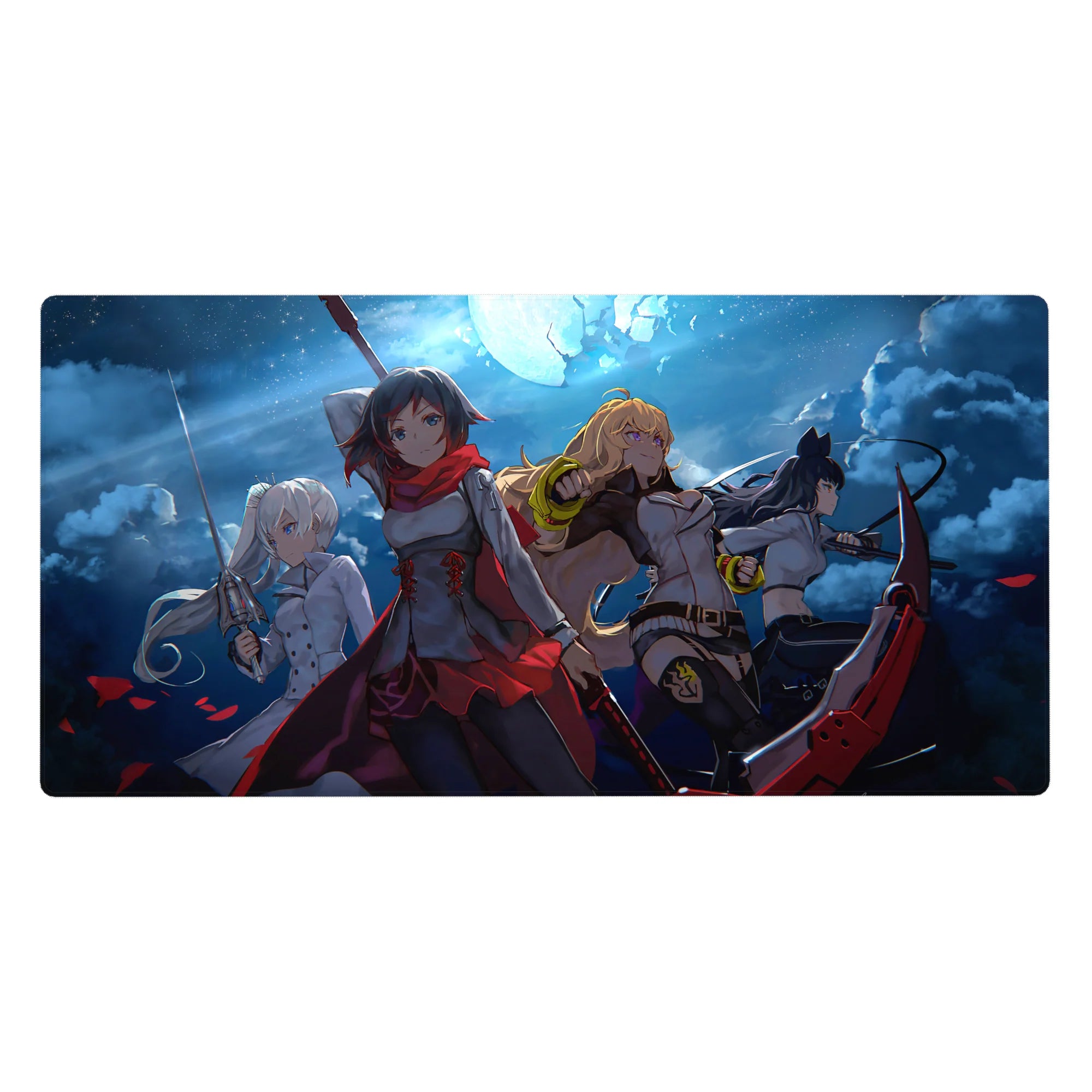 RWBY anime girl desk pad 40x20 inches featuring Ruby, Weiss, Yang, and Blake in a dramatic lineup.