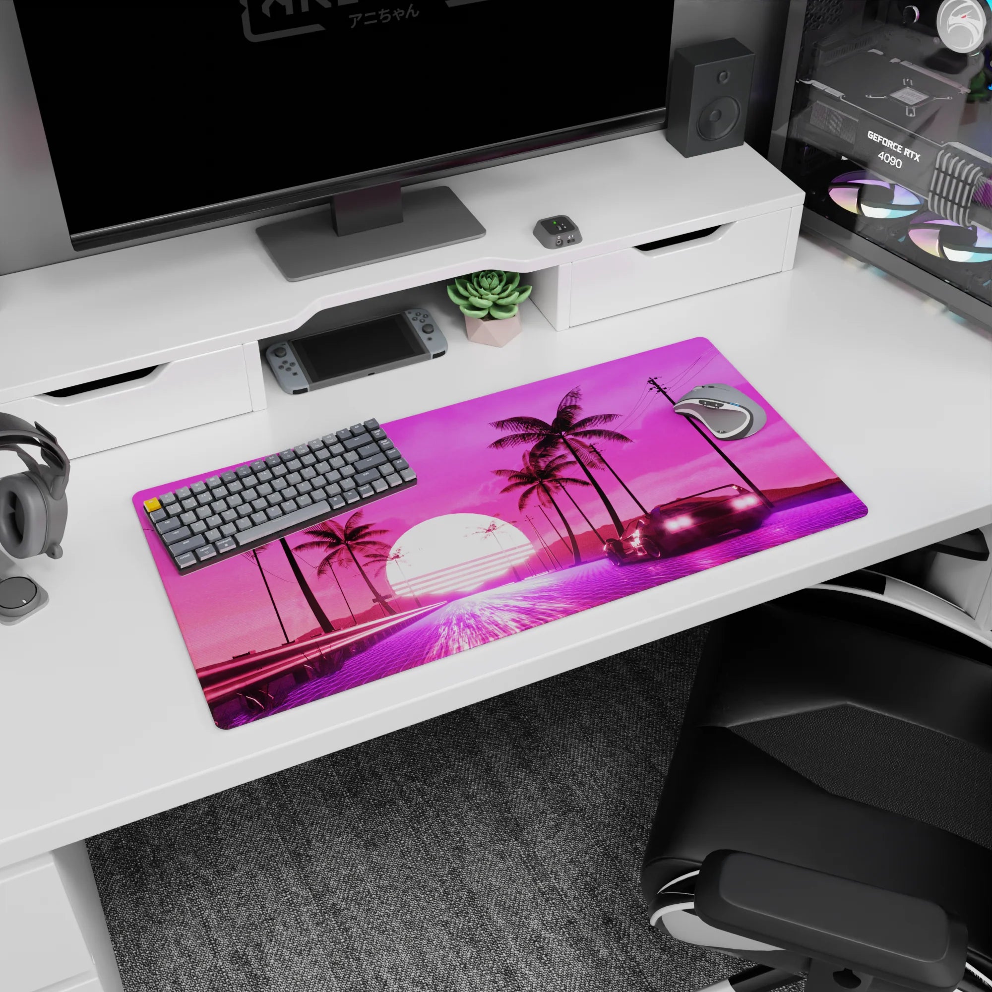 Retrowave - Vaporwave Deskmat | Mousepad | Deskpad - Sunset Drive - AniChan