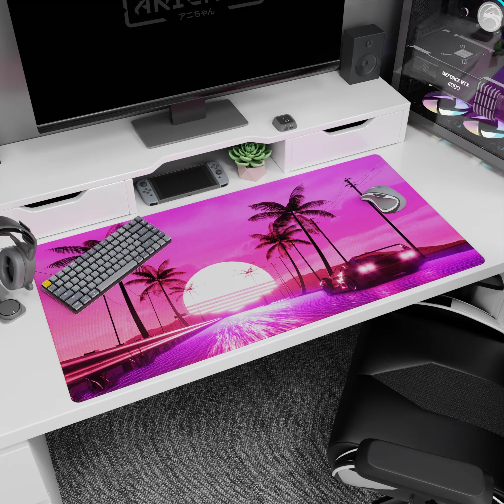 Retrowave - Vaporwave Deskmat | Mousepad | Deskpad - Sunset Drive - AniChan