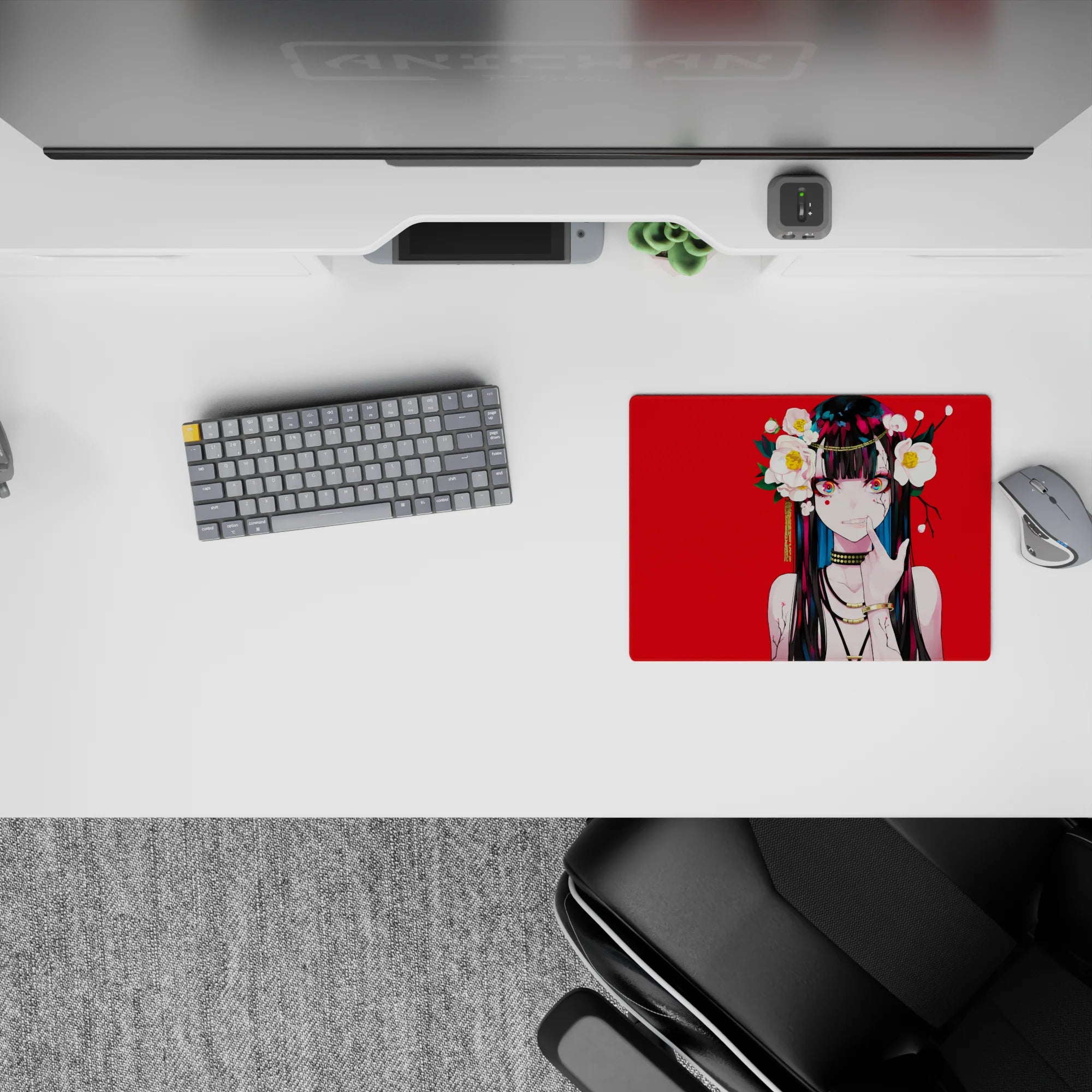 Neon-eyed anime girl mouse pad 14x10 inches in bold red, black hair with teal streaks, cute but dangerous vibe.