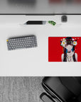 Neon-eyed anime girl mouse pad 14x10 inches in bold red, black hair with teal streaks, cute but dangerous vibe.