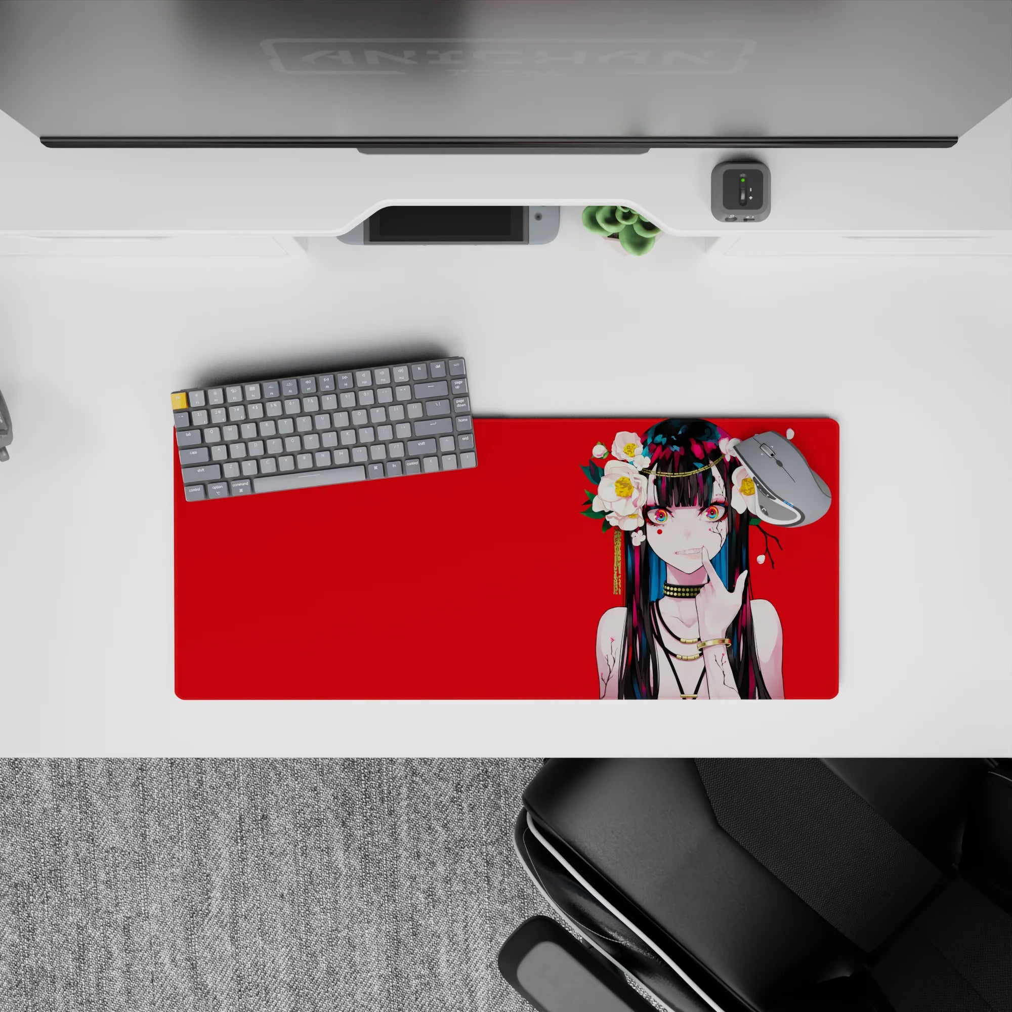 Anime girl mouse pad 28x12 inches in bold red with neon eyes, sweet-danger vibe, crisp high-contrast lines.