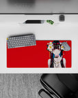 Anime girl mouse pad 28x12 inches in bold red with neon eyes, sweet-danger vibe, crisp high-contrast lines.