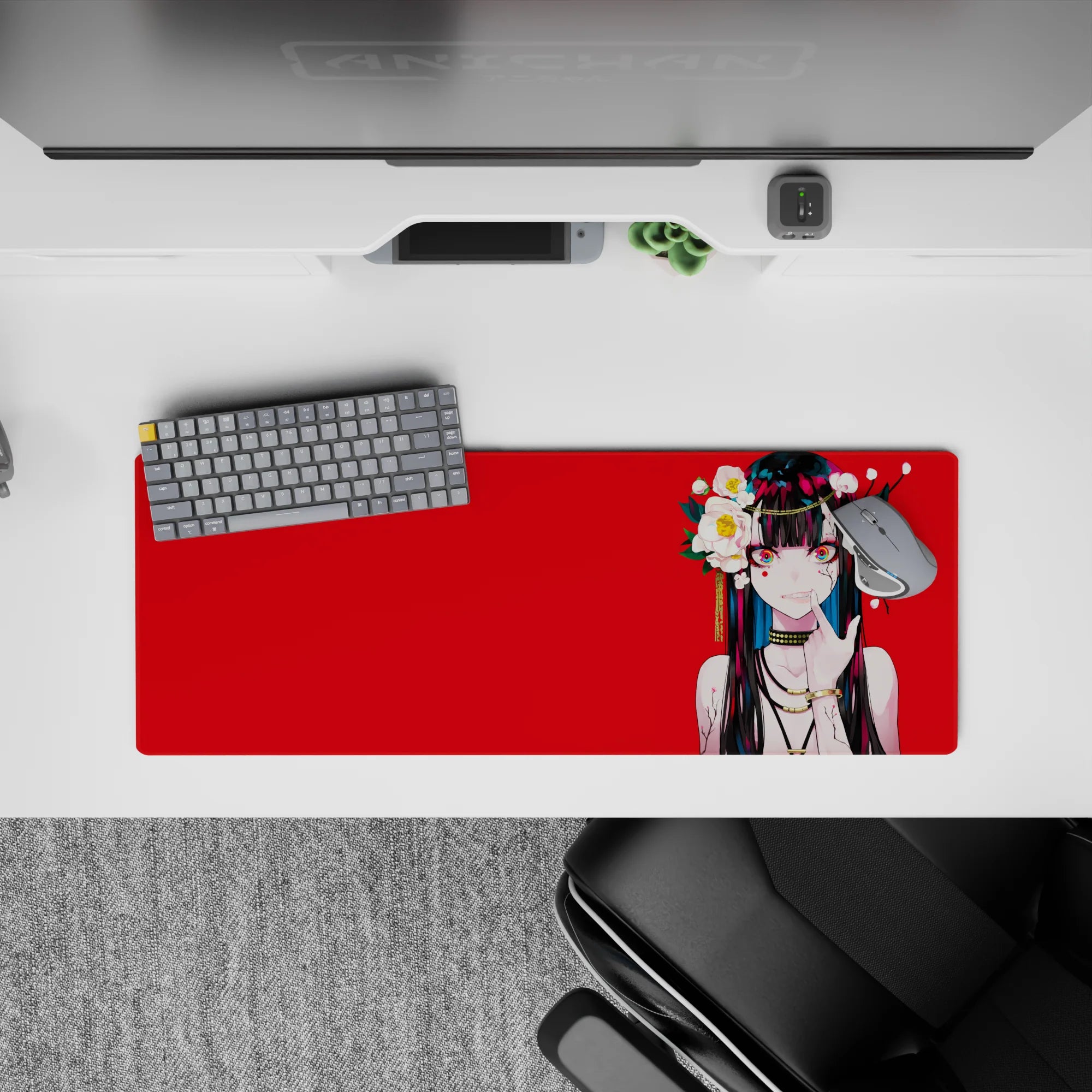 32x12 inches anime desk mat in bold red and black, neon eyes, sweet-yet-dangerous vibe, crisp contrast.