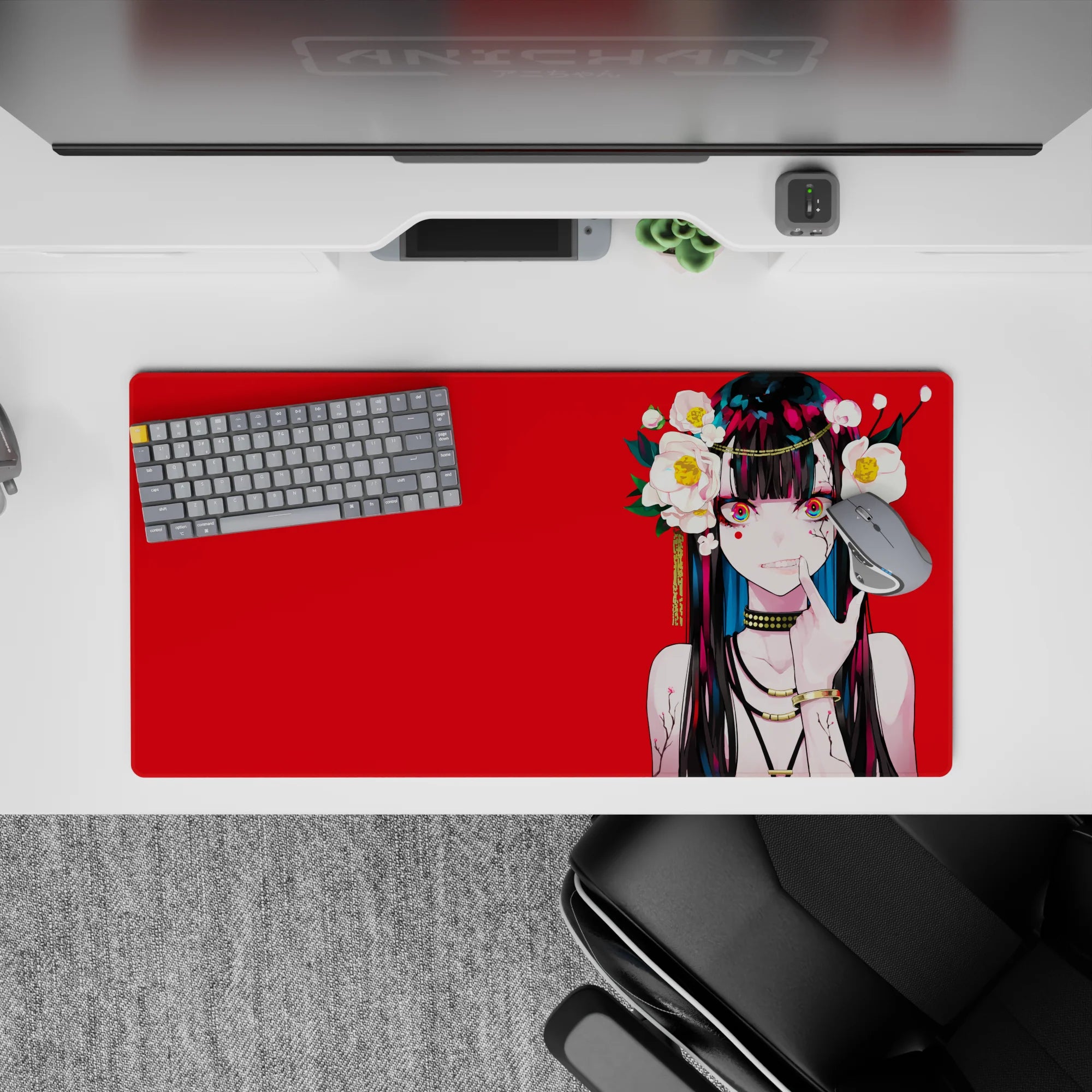32x16 inches anime girl mouse pad with neon eyes on bold red, sweet-and-dangerous kawaii vibe.