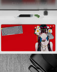 32x16 inches anime girl mouse pad with neon eyes on bold red, sweet-and-dangerous kawaii vibe.