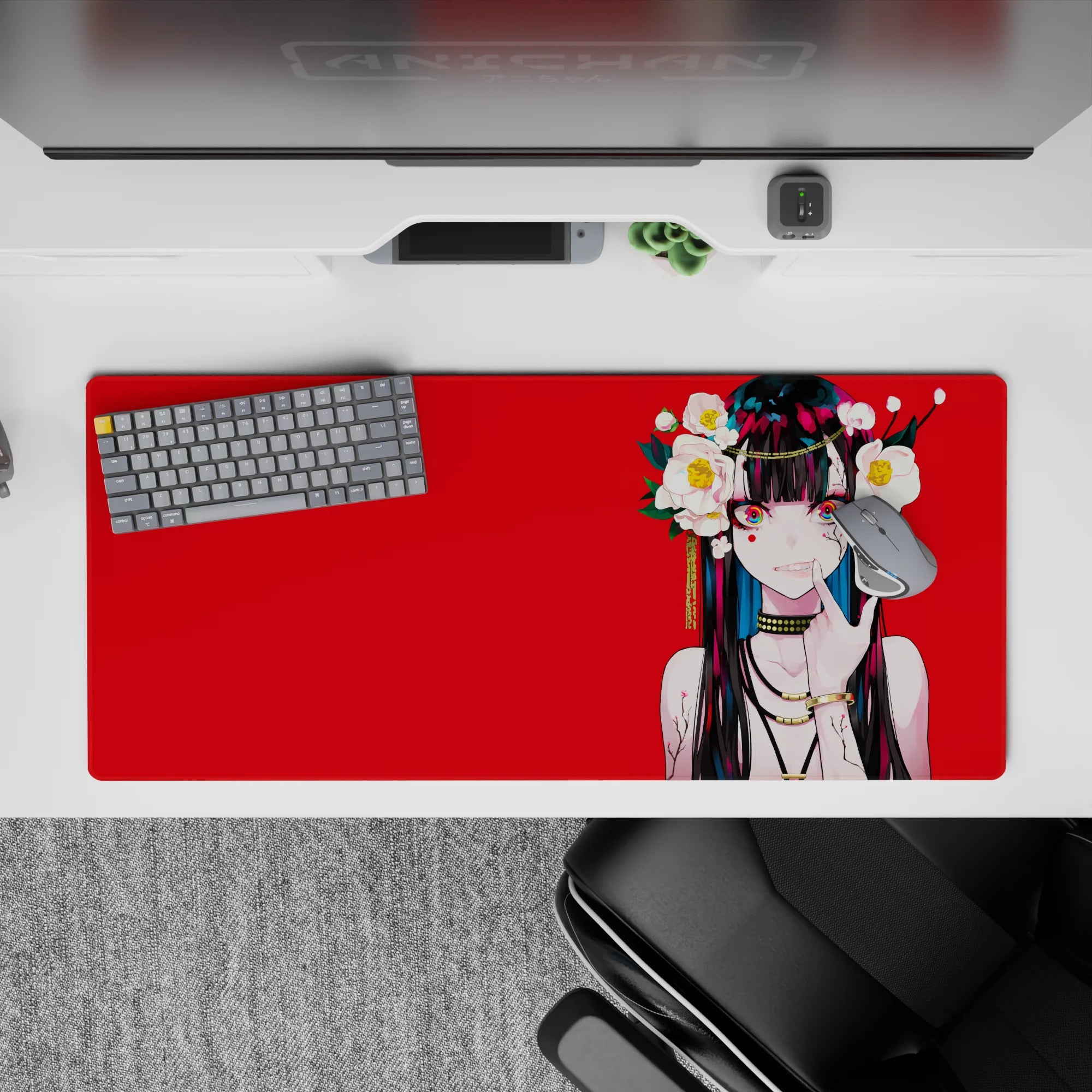 36x16 inches extended mouse pad in bold red, neon eyes, sweet-danger vibe, crisp anime line art.
