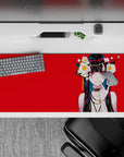 36x16 inches extended mouse pad in bold red, neon eyes, sweet-danger vibe, crisp anime line art.