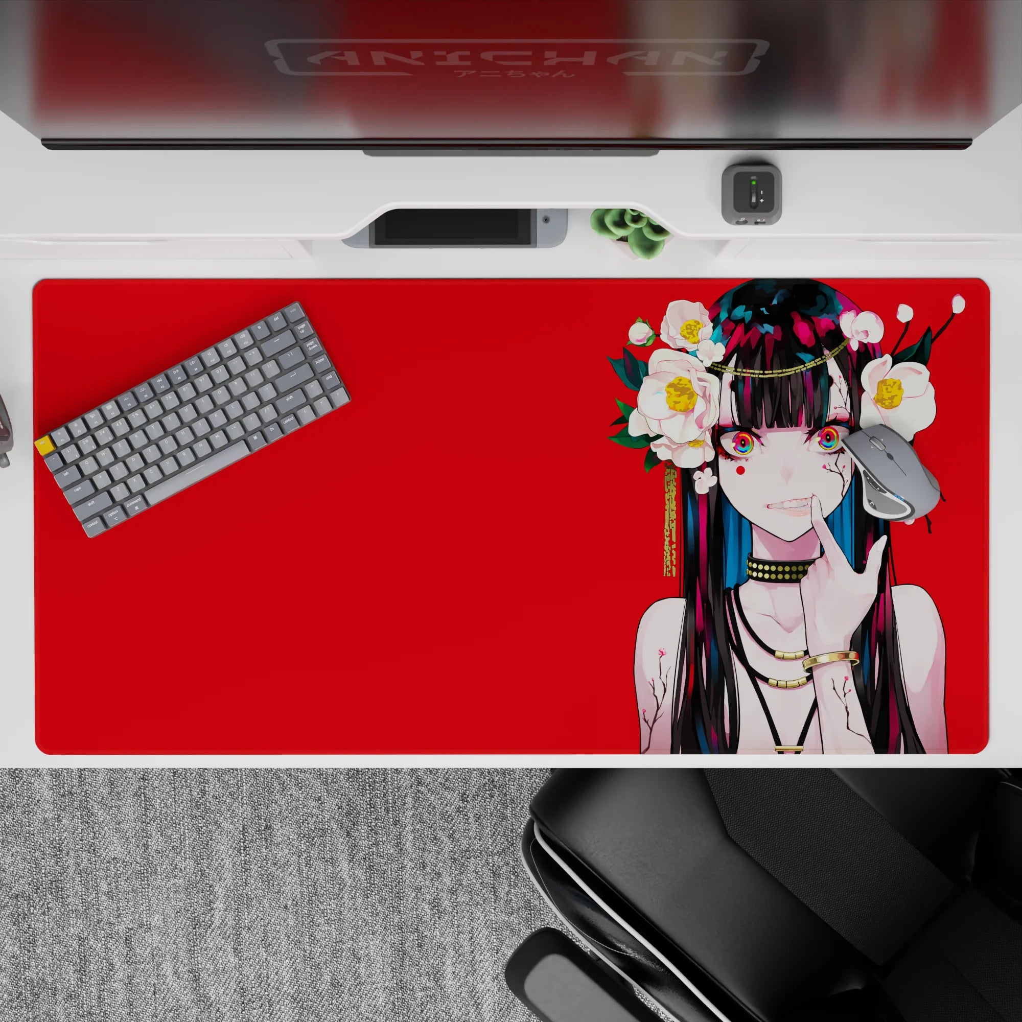 40x20 inches neon-eyed anime desk pad in bold red, black, and white with sweet-yet-dangerous vibe.