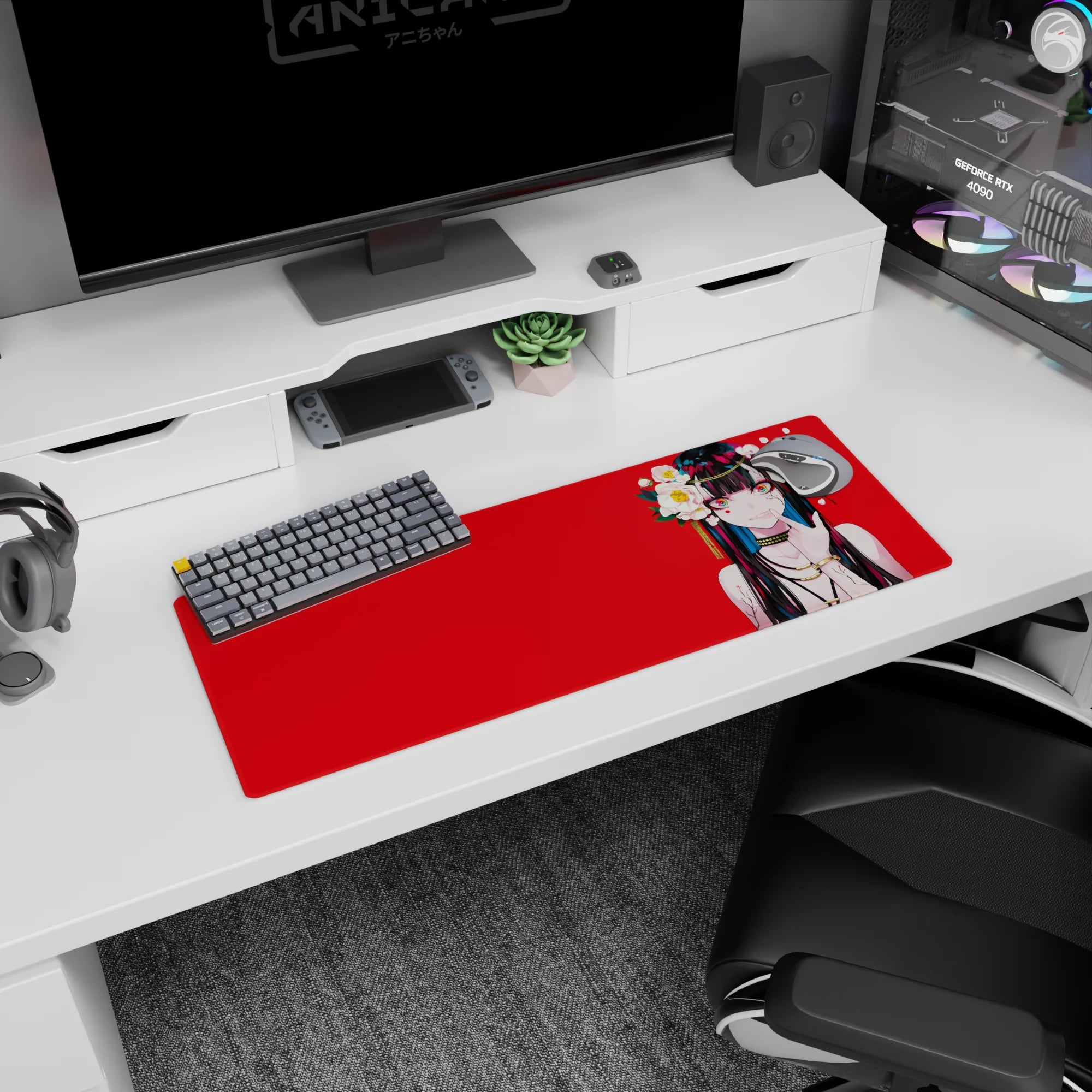 32x12 inches mouse pad featuring anime girl with finger-to-lip pose, long black hair, teal streaks, neon eyes.