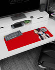 32x12 inches mouse pad featuring anime girl with finger-to-lip pose, long black hair, teal streaks, neon eyes.