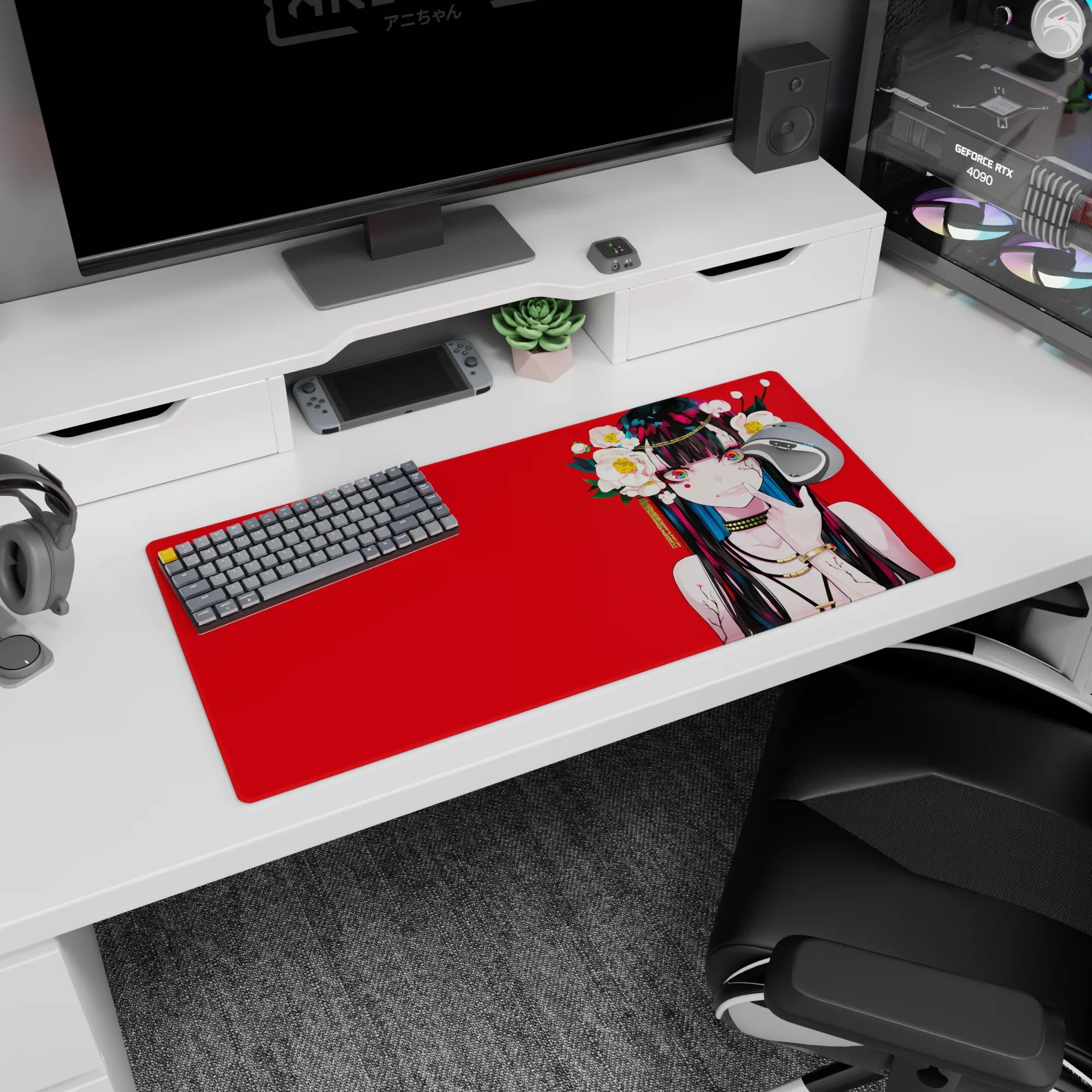 32x16 inches desk mat featuring a black-haired anime girl with teal streaks, finger-to-lip pose.