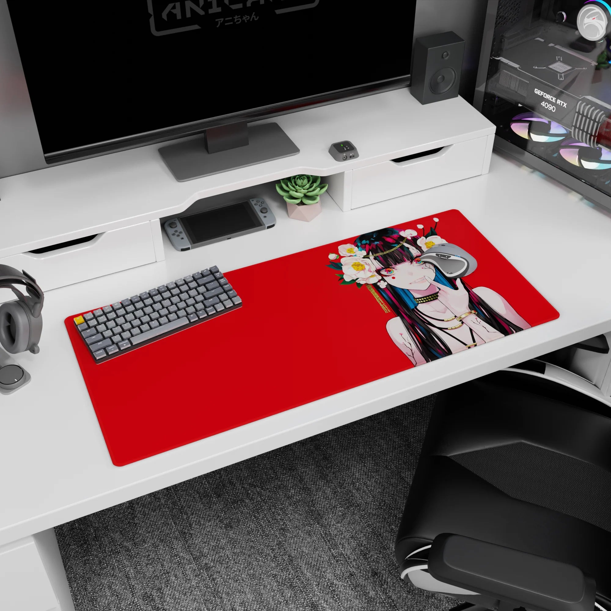 36x16 inches desk pad showing anime girl with finger-to-lip pose, long black hair, teal streaks.
