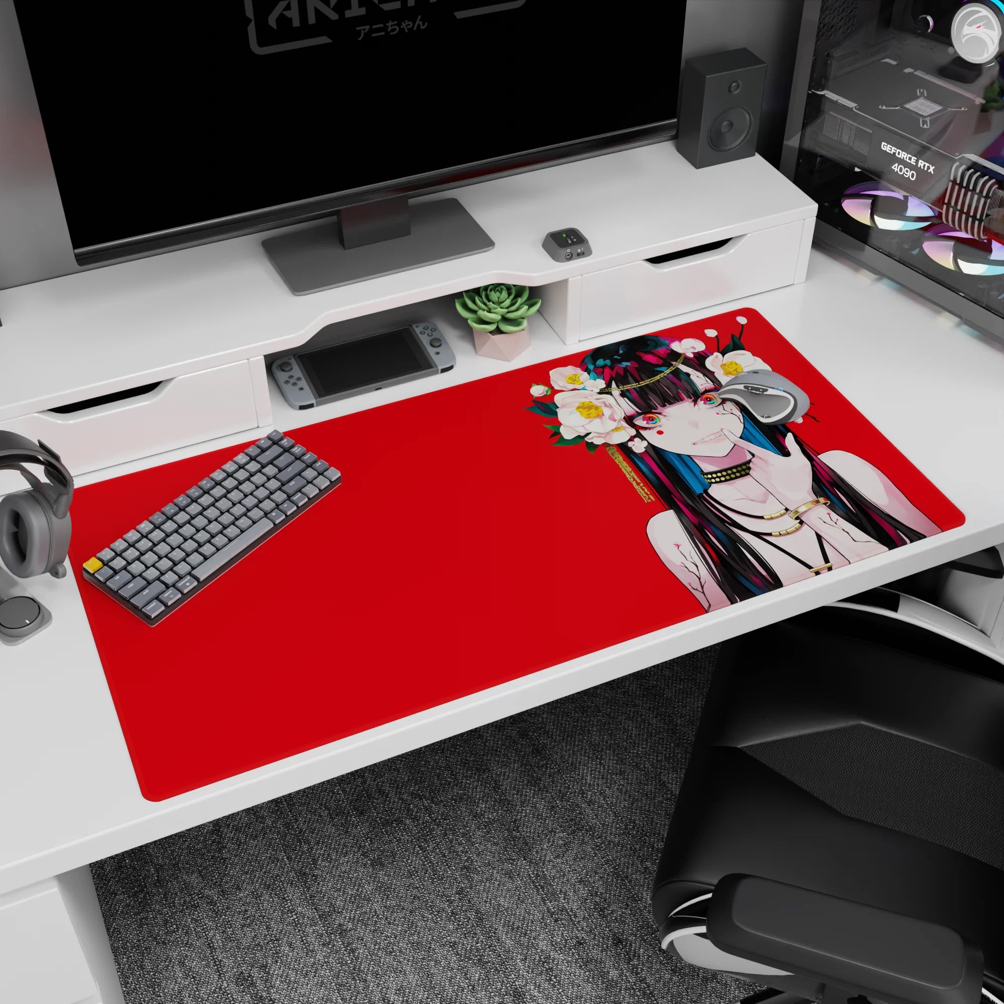 40x20 inches anime girl desk pad featuring long black hair with teal streaks, finger-to-lip pose, neon eyes.